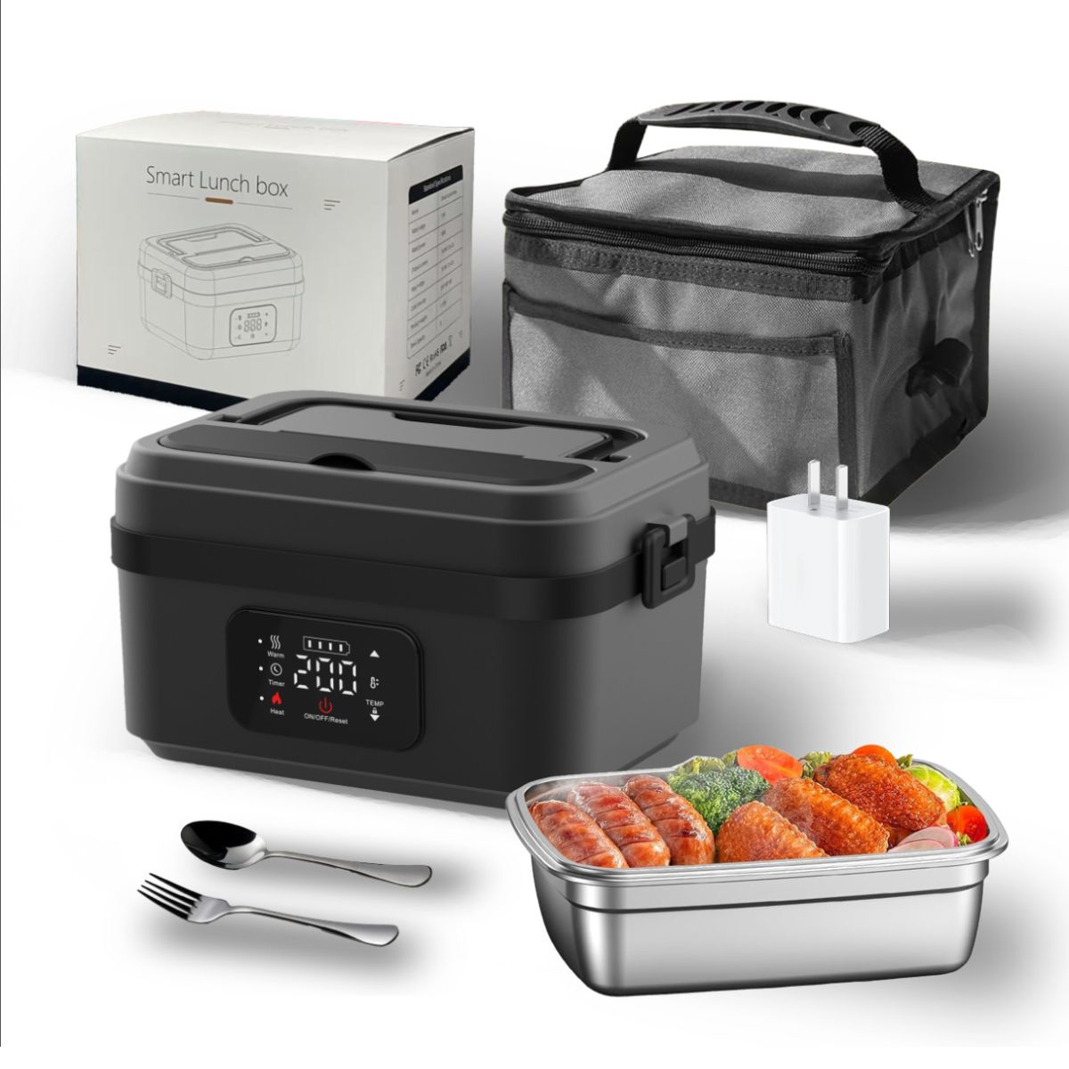 Lonchera lunch box térmica eléctrica recargable con temporizador y control de temperatura. Bandeja de acero. Negra