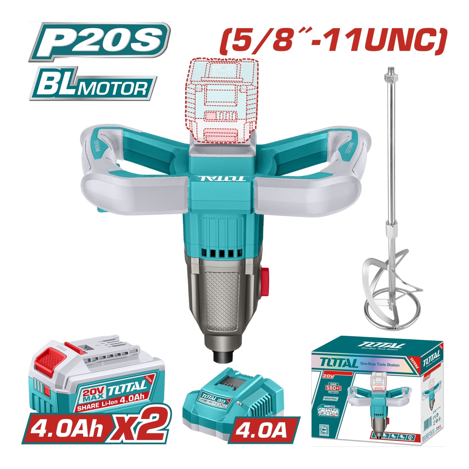 Mezclador Inalámbrico 20V de 2 Velocidades. Rosca 5/8''-11UNC. Incluye 2 Baterías 4.0Ah y Cargador. Mezcladora