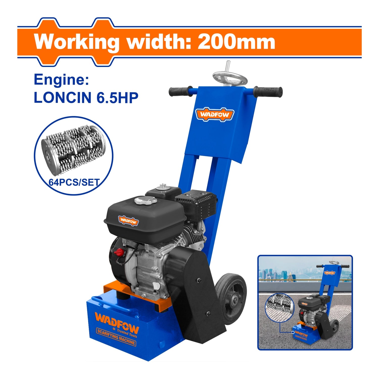 Escarificadora de Concreto 200 mm. Motor Loncin 6.5 HP. 64 Cuchillas Tipo Estrella.