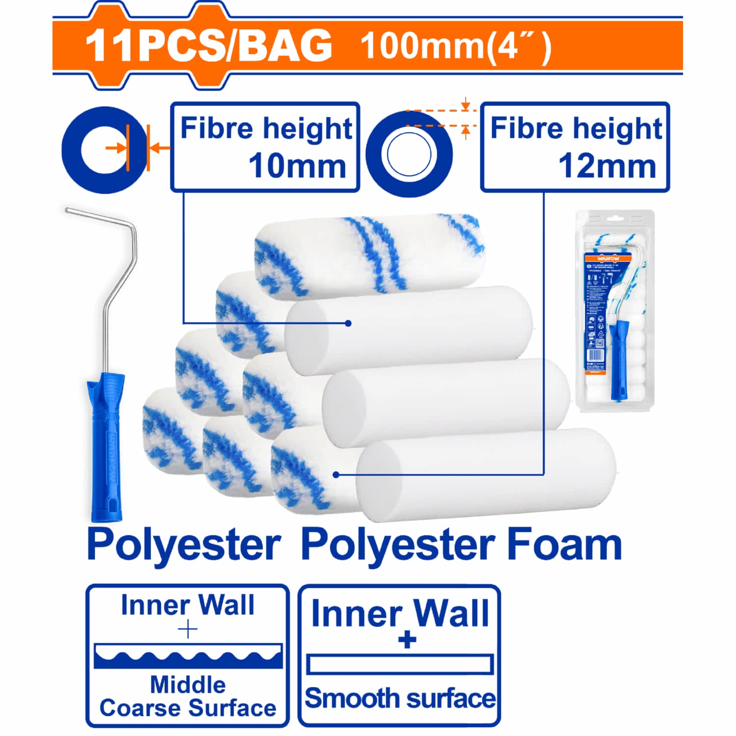 Rodillos para pintar 4" Espuma y Poliéster.11 pzas. Ideal en interiores. Incluye Mango.