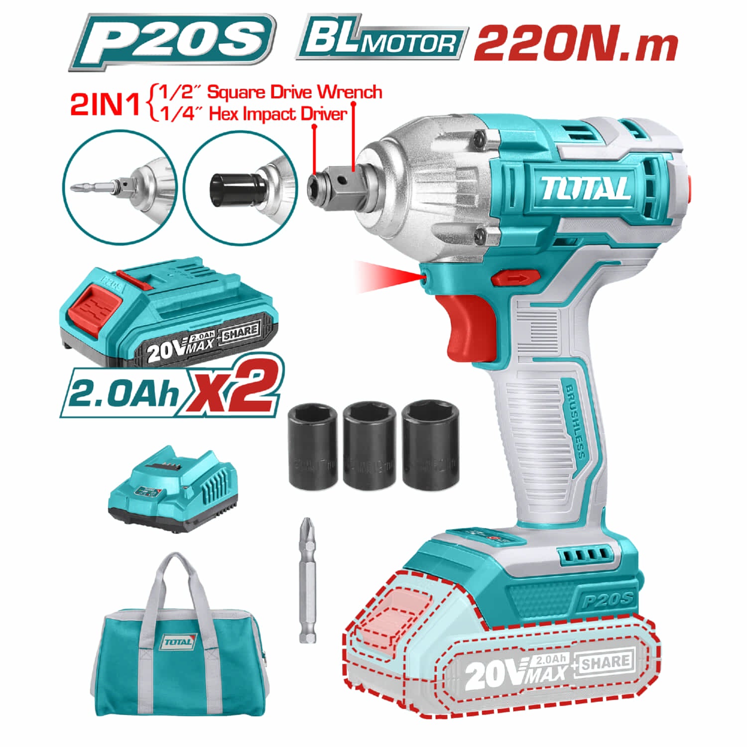 Llave de Impacto 1/2" DE DADOS Y PUNTAS HEXAGONALES 2 EN 1 20V TOTAL 220Nm. 2300rpm 3300bpm. Incluye batería y cargador.