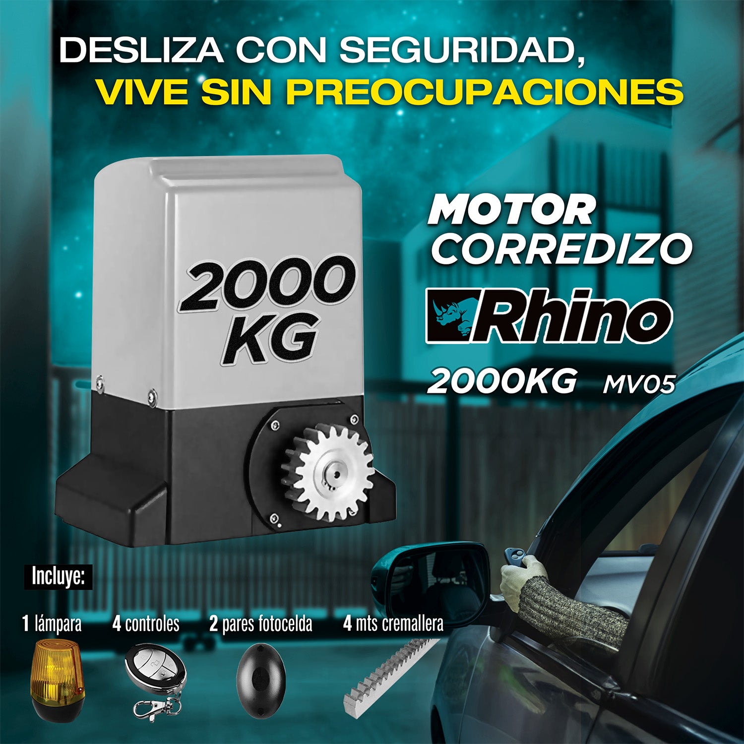 Motor corredizo Rhyno 2000Kg.110V/60hz.4 cont,4m cremallera,2par fotocelda,lampara. Rolling code