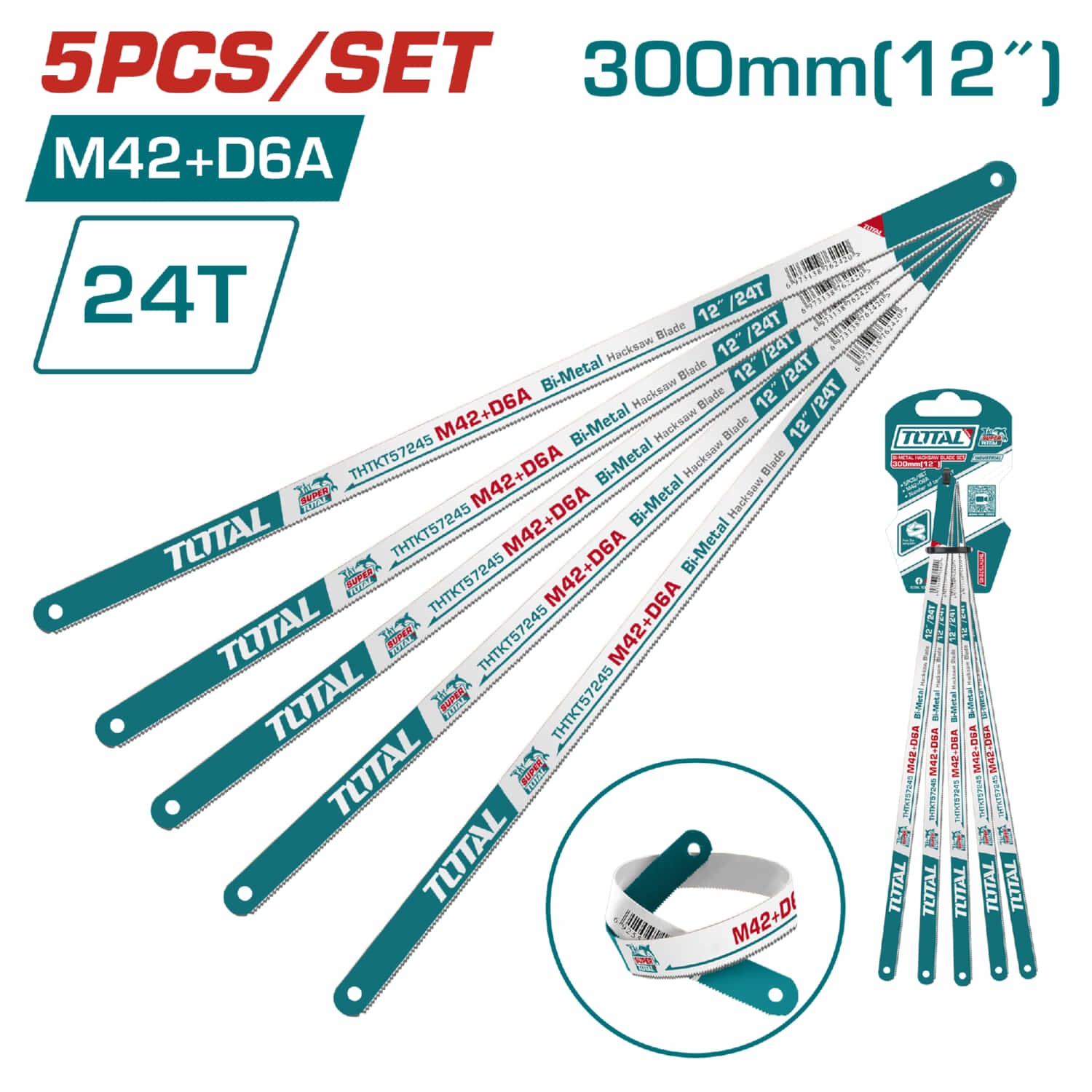 Hojas de segueta (5 pza) Set de para metal de 300mm (12"). Material: M42+D6A. Dientes: 24T.
