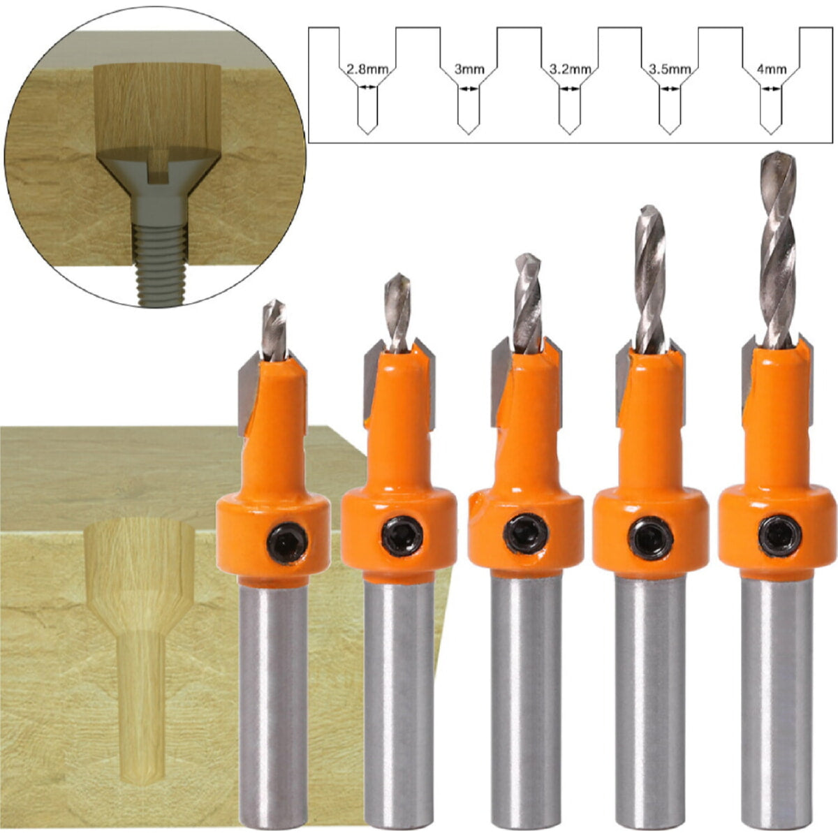 Brocas De Avellanado para madera. HSS Vástago De 10mm. (Set de 5 piezas)