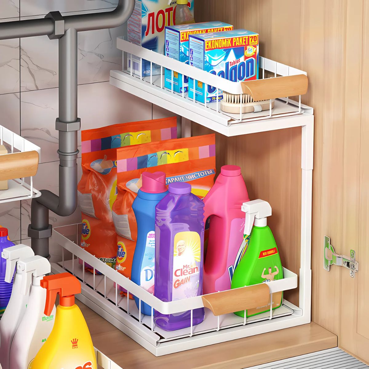 Organizador De Dos Niveles Con repisas Deslizantes. Estante de Almacenamiento para Cocina o Baño 37x36.5x27cm. Color banco.