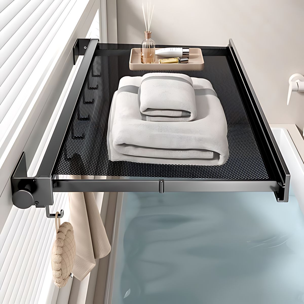 Estante Retráctil con malla Multiusos Para Baño Y Lavandería. Repisa Plegable Con Ganchos. 45x42.5cm