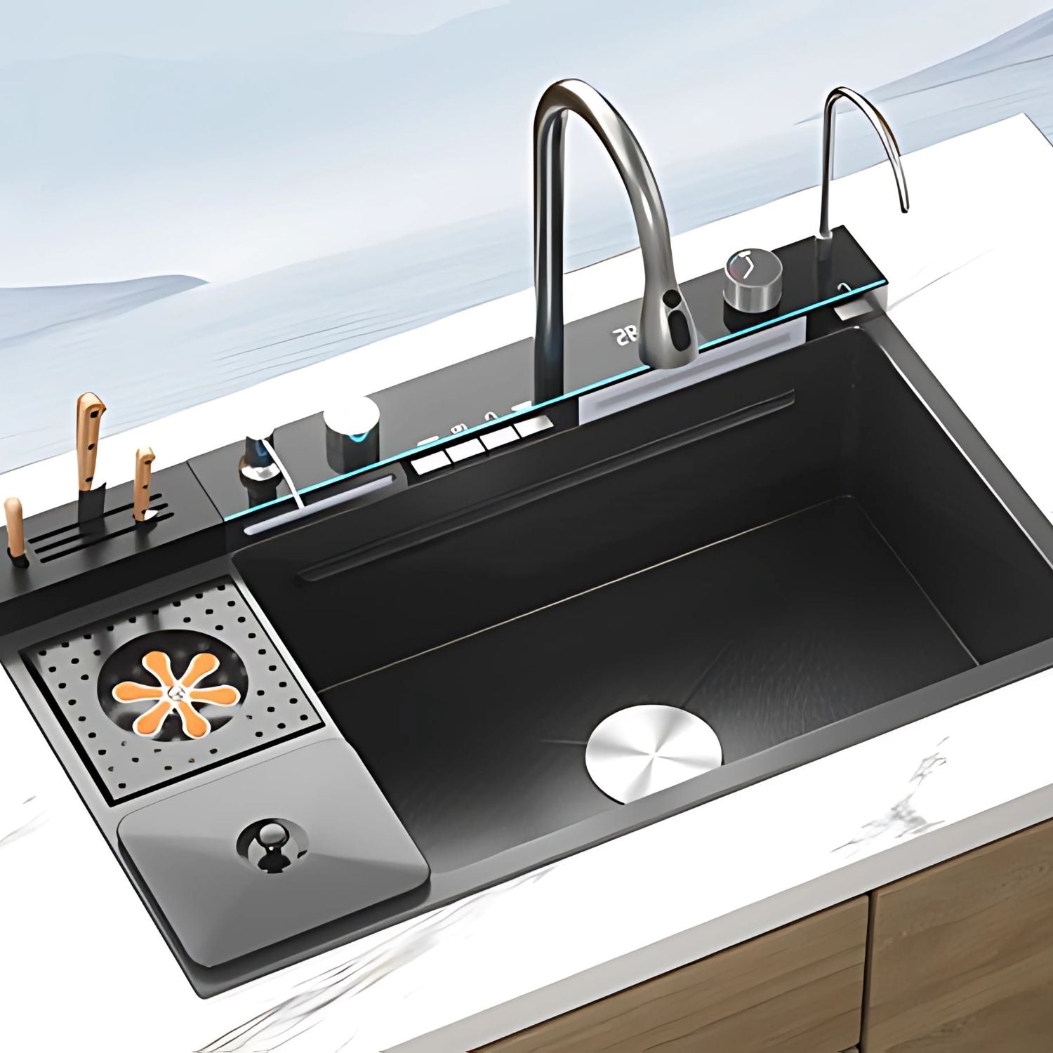 Fregador de cocina Multifunción con cubo de basura Piano Switch 20.5cm x 82cm x 48cm Fregadores Tinas de Cocina.