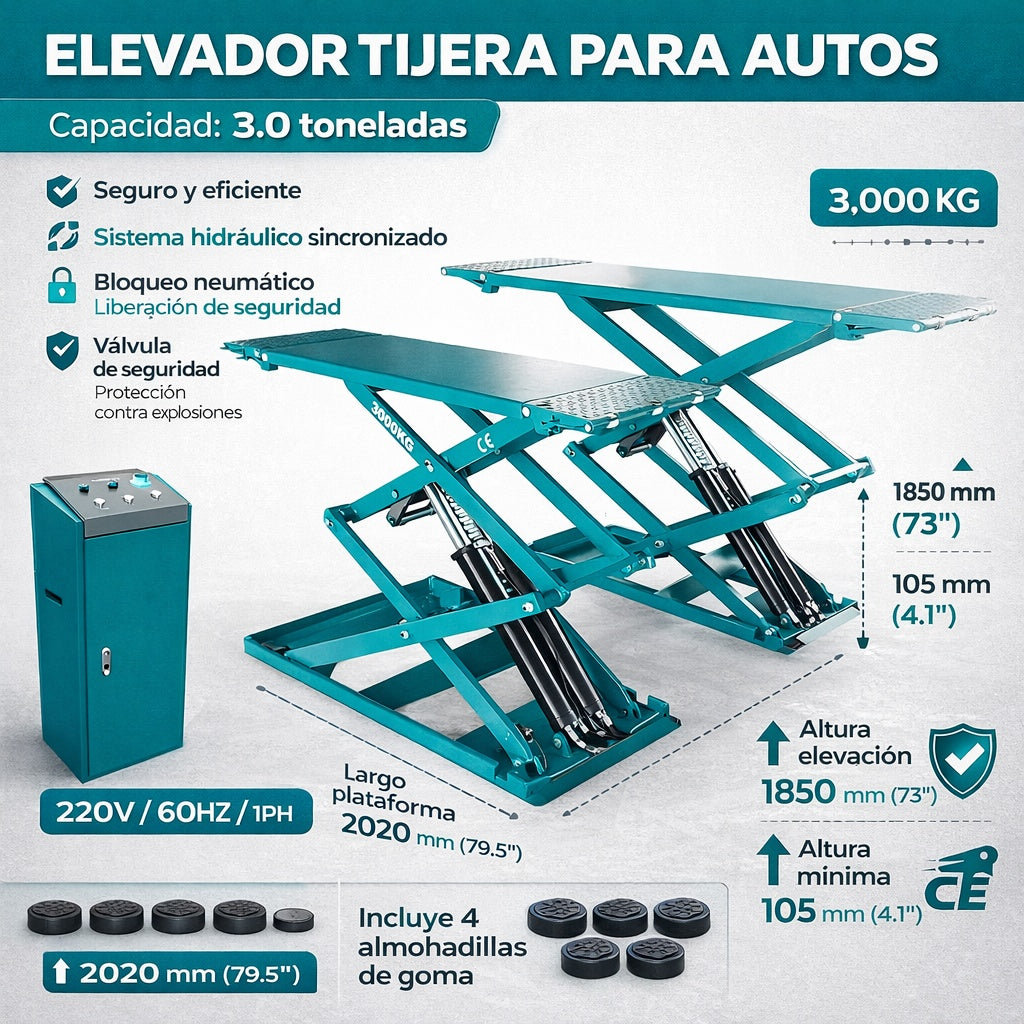 Elevador tipo tijera de 3.0T plataforma elevadora para autos