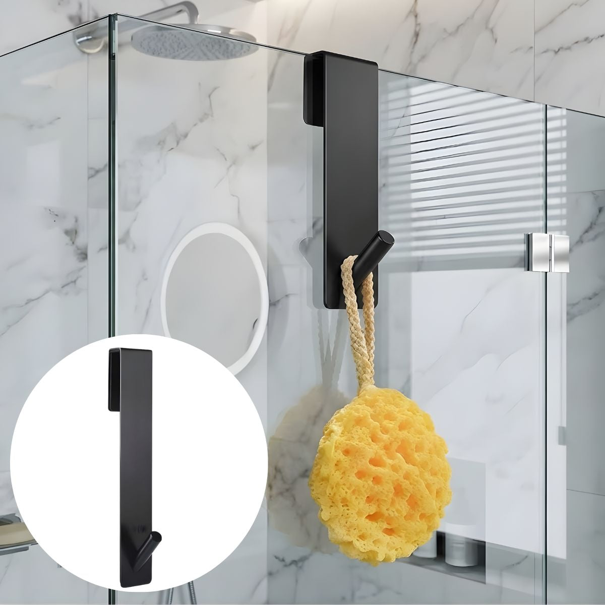Gancho Colgante Para Puertas De Vidrio De Baño 17.5x 2.5 cm Color Negro. Acabado Resistente para vidrio sin marco de hasta 2.5 cm de espesor