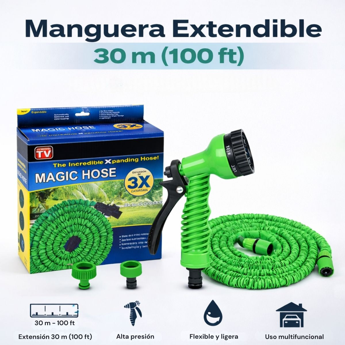 Manguera Expandible de Jardín 30 m (100 ft) Color Verde con Pistola de Alta Presión Riego y Lavado Multifuncional A Prueba De Explosiones.