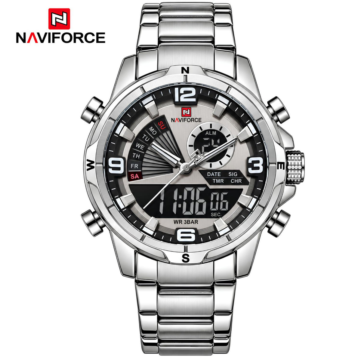 Naviforce Reloj Analógico y Digital Negro y Gris 3 ATM con Pantalla LCD, Correa de Acero Inoxidable, Diámetro de 44mm.