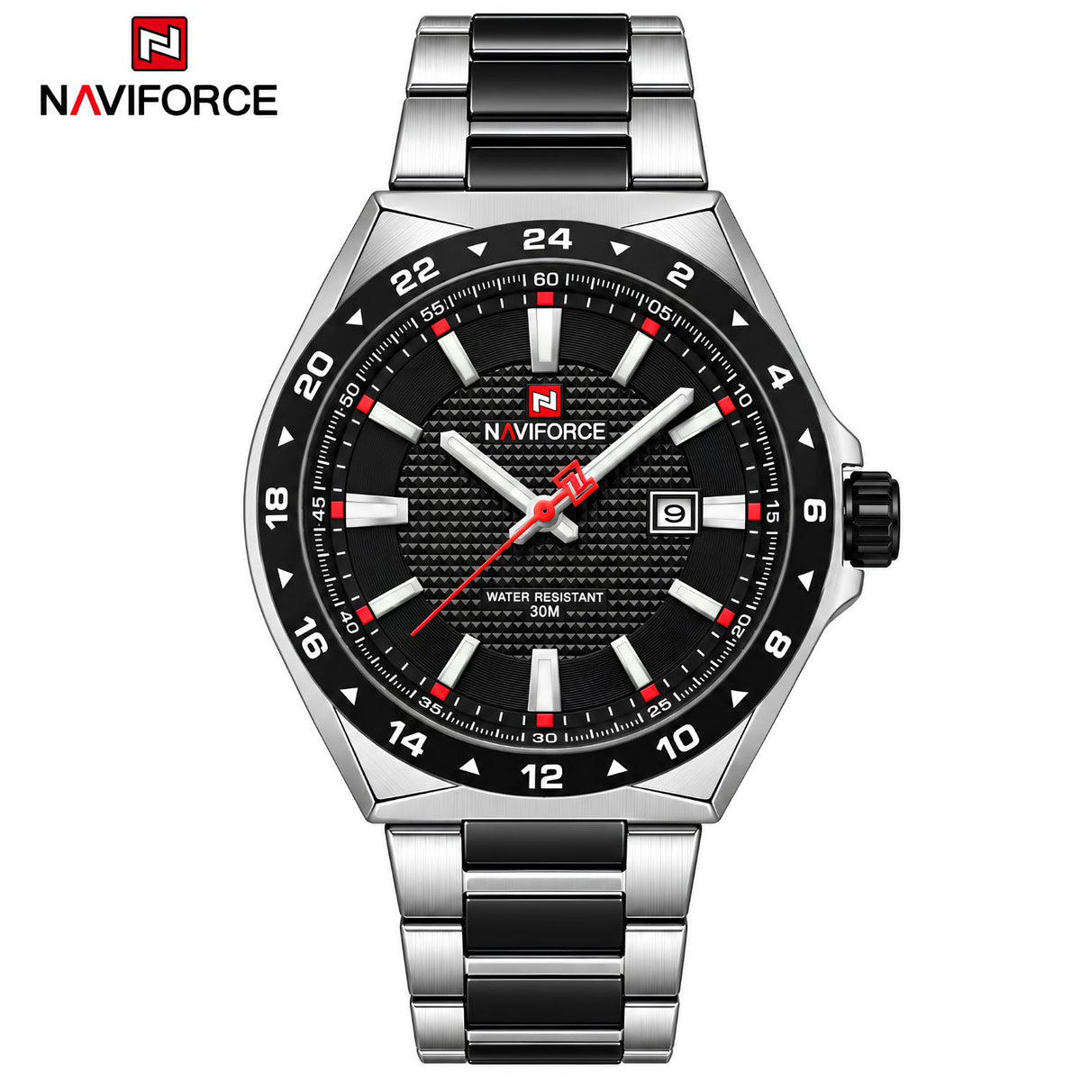 Naviforce Reloj Analógico Negro Plateado con Correa de Acero Inoxidable, Diámetro de 40 mm y Resistencia al Agua 3 ATM
