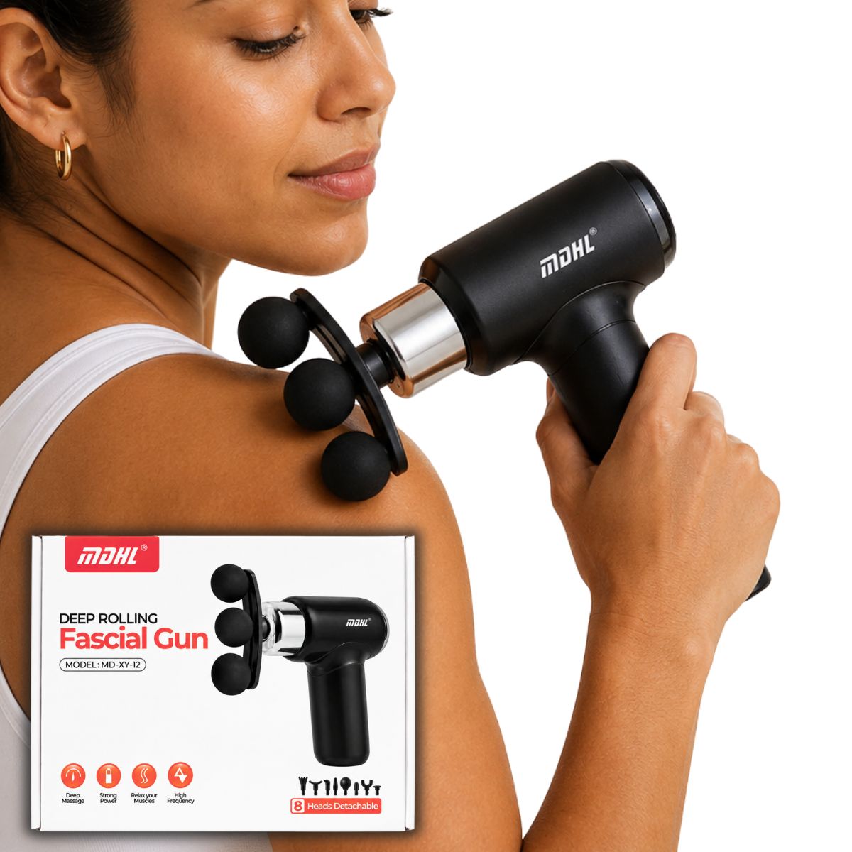 Pistola de Masaje Muscular Fascia con 9 Cabezales 25W Batería 1200mAh USB Tipo C. Masajeador Portatil. Color Negro.
