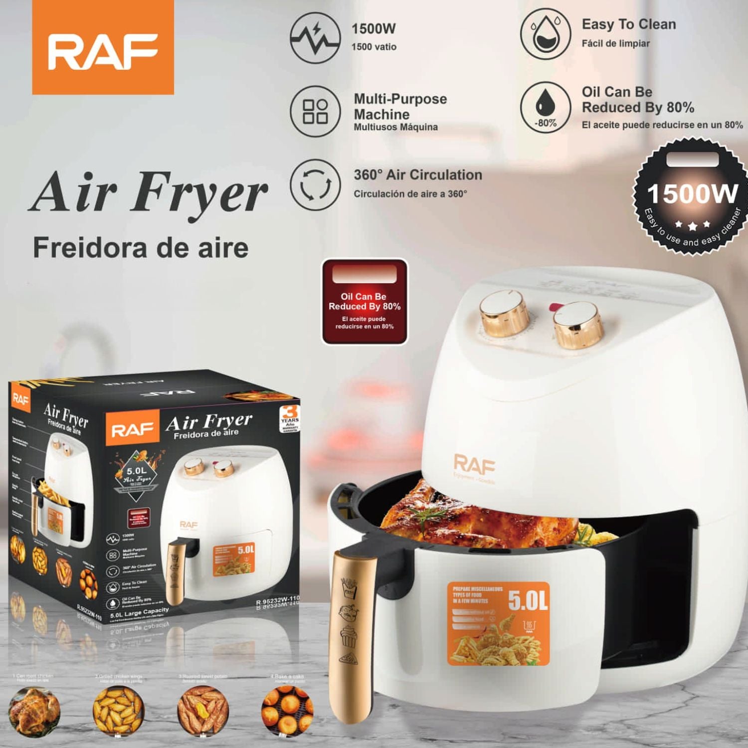 Freidora de Aire 5L 1500W 110V 60Hz Control de Perilla Antiadherente 360° Multipropósito Aceite 80% Air Frier