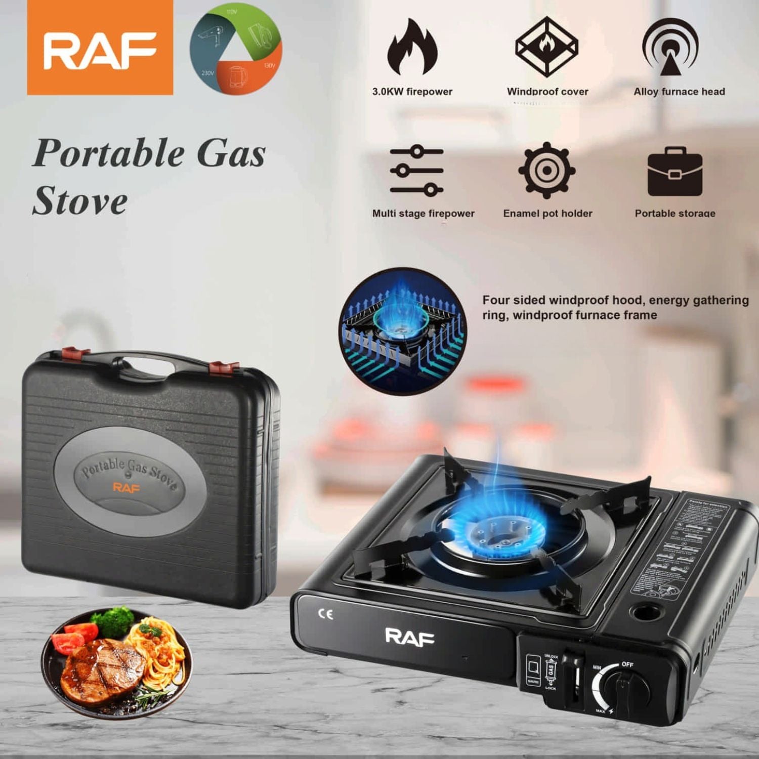 Estufa de Gas 1 quemador Negra con 3.0Kw de Potencia con maletín y paraviento. Control perilla. Cocina Portátil.