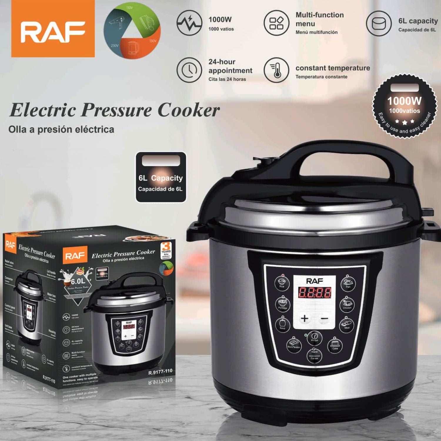 Olla de presión eléctrica Multifuncional 6L 1000W 110V 60Hz Temperatura constante Programable . Cocción Rápida.