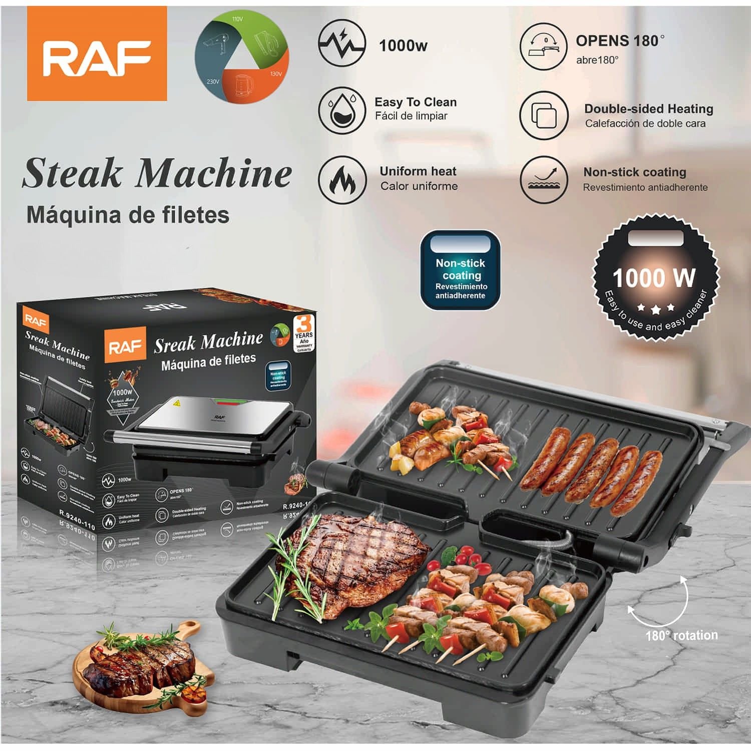 Parrilla Eléctrica 1000W Abre 180° con Revestimiento Antiadherente y Doble Calor 110V /60hz. Asador de Carnes.