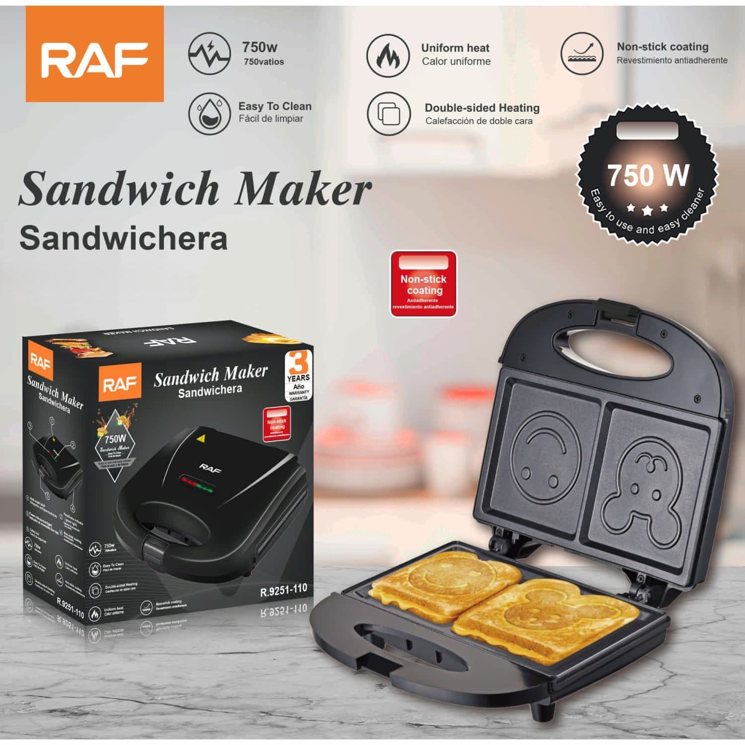 Sandwichera 750W con Placas Antiadherentes para Sándwiches Creativos. 110V /60hz. Plancha para Emparedados