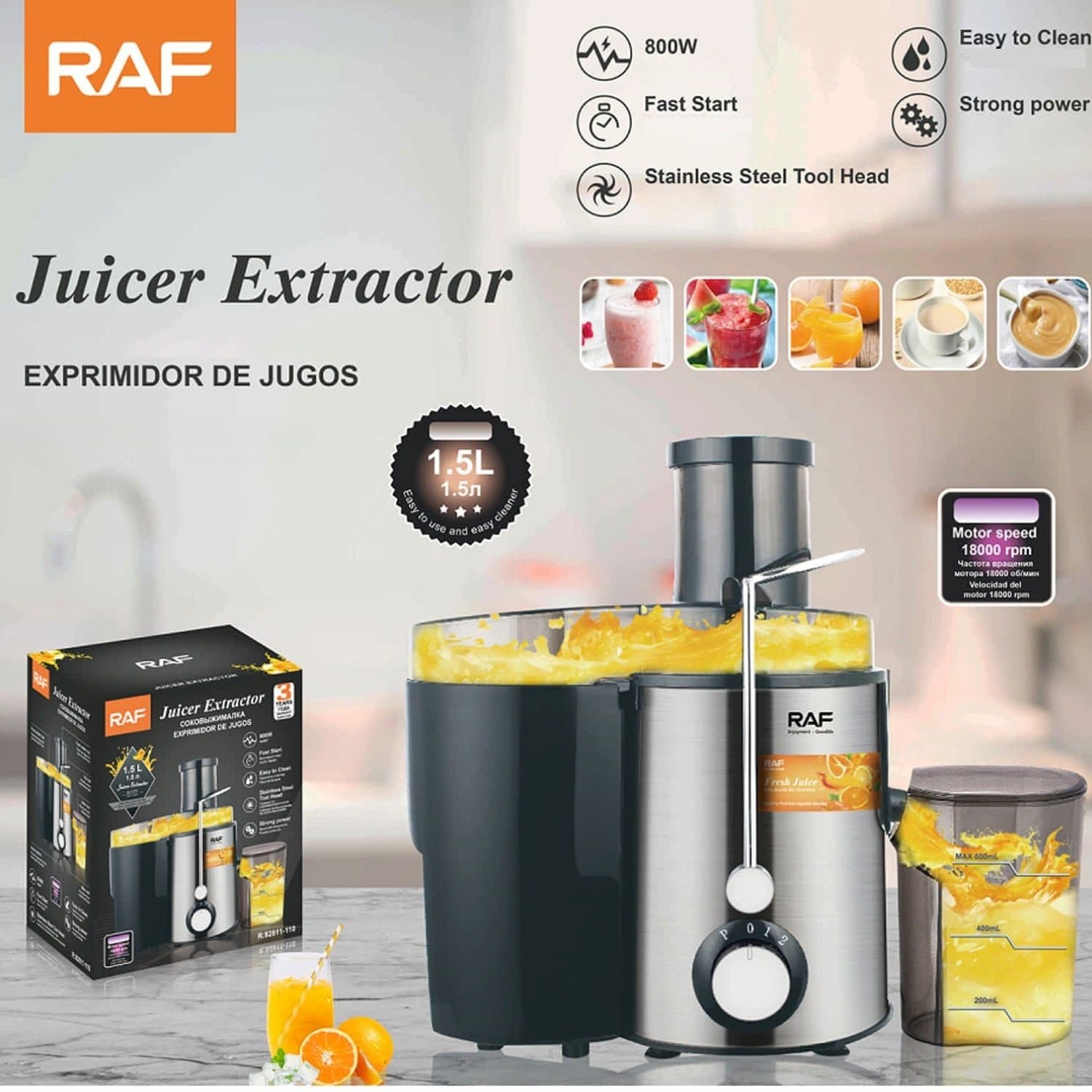 Máquina Centrífuga Extractora De Jugos 800W 110V/60Hz Inoxidable 2 velocidades y vaso de 1.5L Procesador de Jugos.