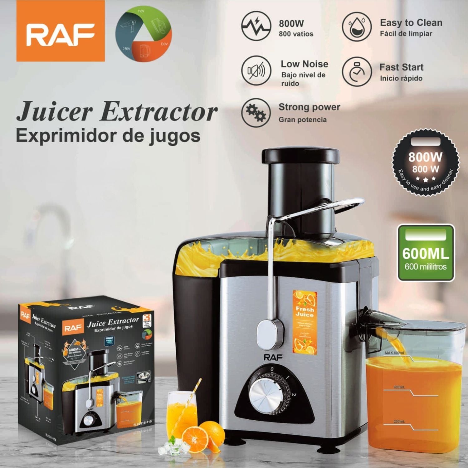 Extractor de jugos 800W 110V/60Hz con Jarra 600ml y Motor silencioso. Extractor Juicer