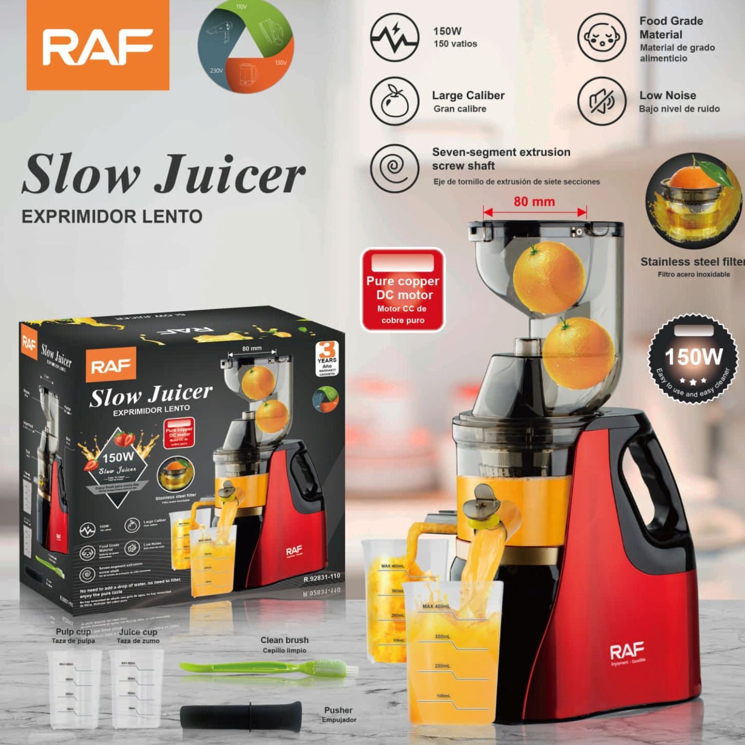Extractor de Jugos 150W 110V/60Hz con motor de cobre y filtro de acero inoxidable. Exprimidor Lento Naranjas.
