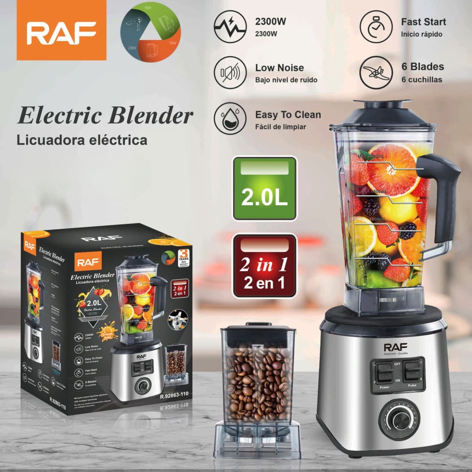 Licuadora eléctrica y Moledor de Café 2 en 1 2300W 110V/60Hz 6 cuchillas y vaso 2L. Blender y Accesorio Moledor