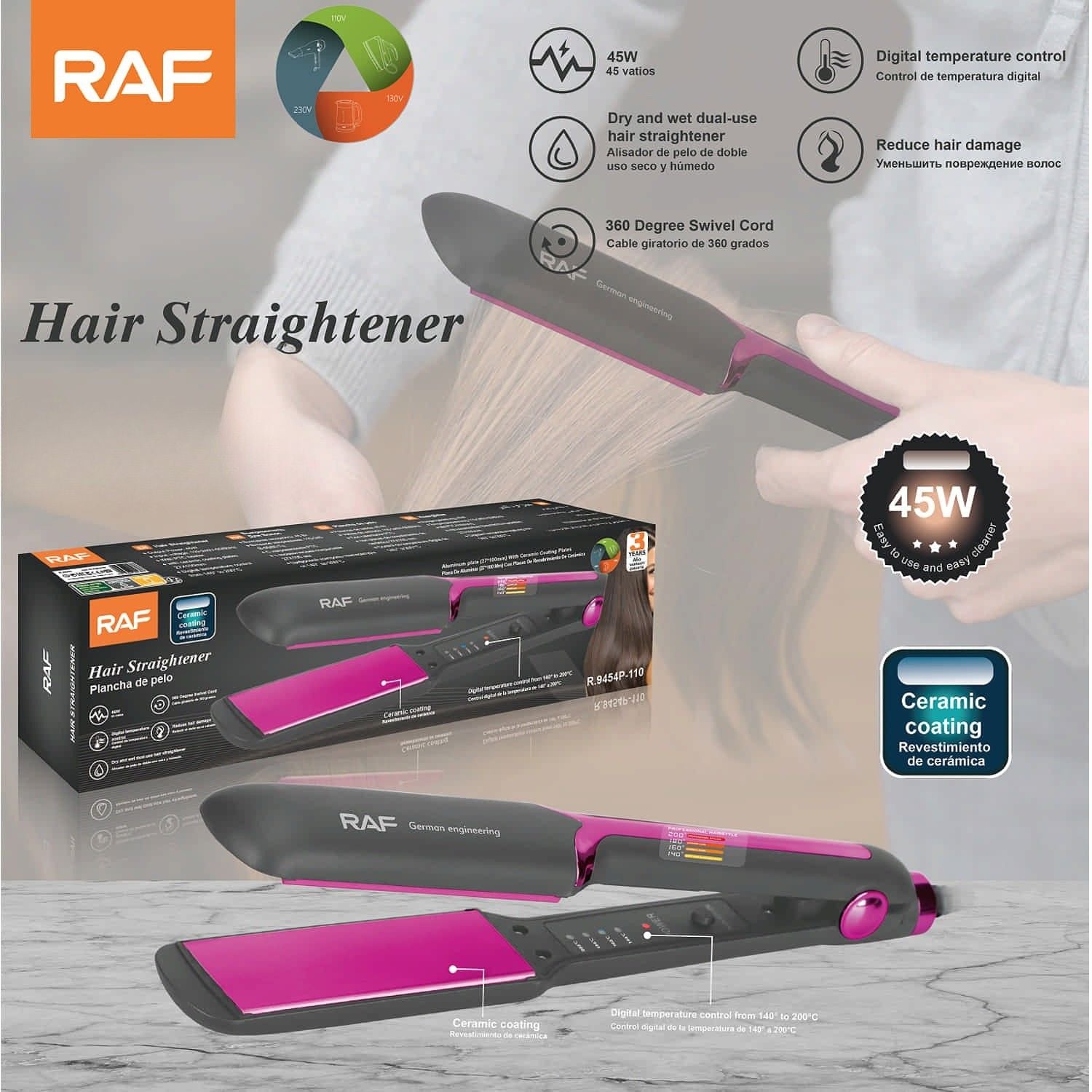 Plancha de Pelo Profesional 45W Control 140°-200°C Uso Seco y Húmedo con Revestimiento Cerámico 110V/60Hz