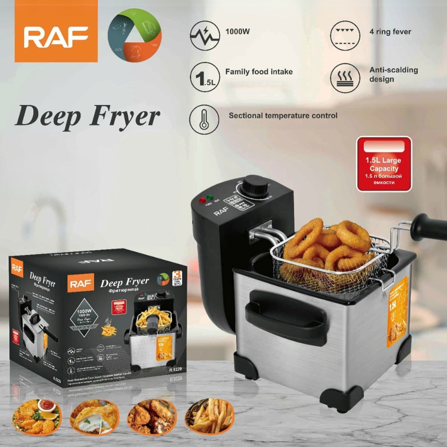Freidora de Aceite 1.5L 1000W Inoxidable con Control de Temperatura. Canasta Removible. Deep Fryer