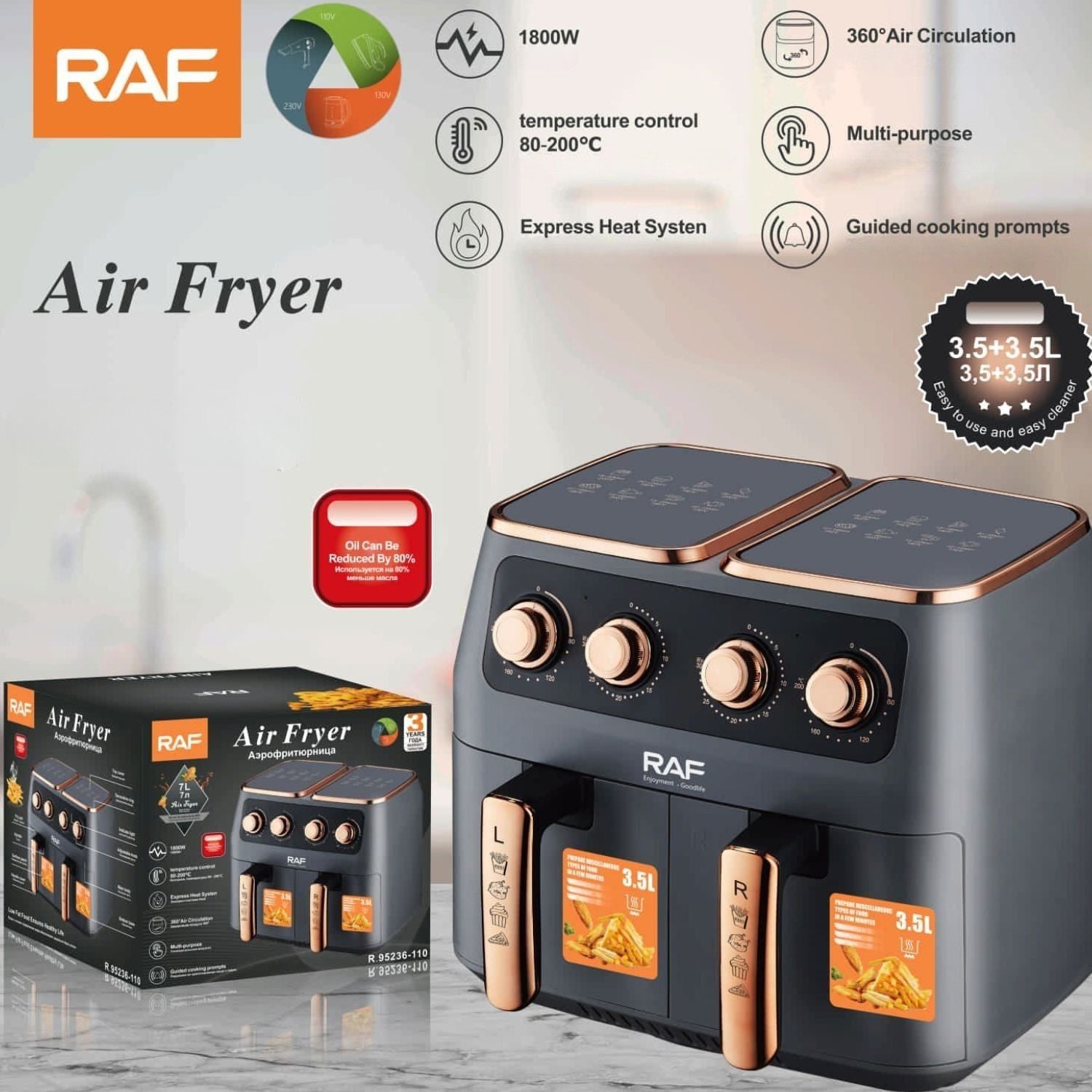 Freidora de Aire 8L 1800W 110V 60Hz Control Doble Antiadherente 360° Calor Express Temp 80-200°C Air Frier