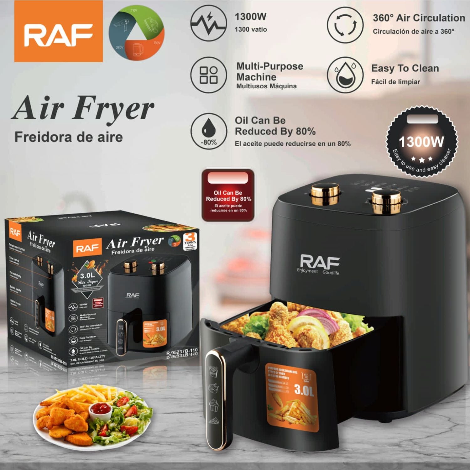 Freidora de Aire 3L 1300W 110V 60Hz Control de Perilla Antiadherente 360° Multipropósito Aceite 80% Air Frier