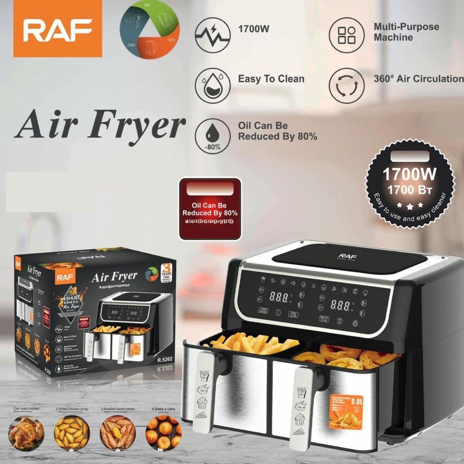 Freidora de Aire 9L 1700W 110V con Control Táctil Doble Antiadherente 360° y Reducción de Aceite 80% Air Frier