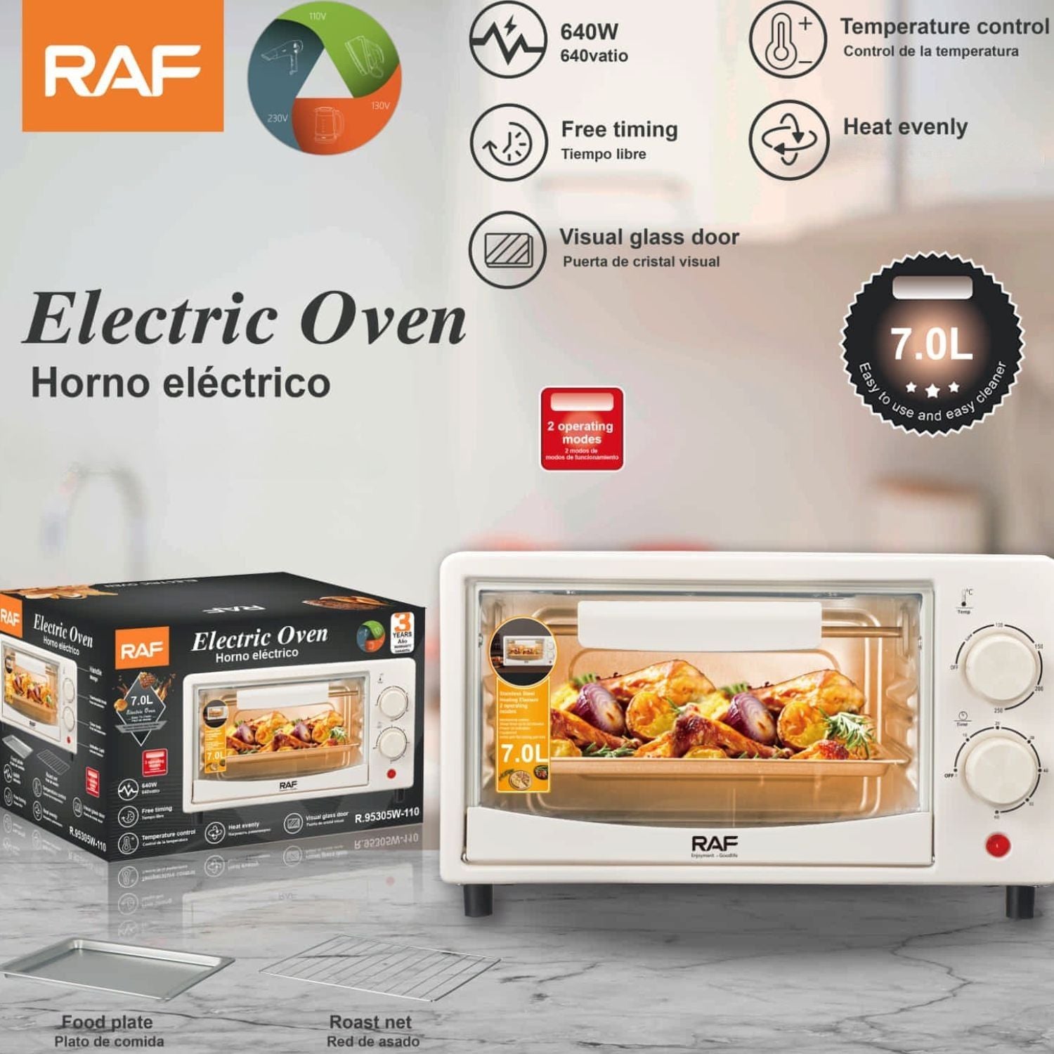 Horno Eléctrico 7L 640W, Puerta de Vidrio, 2 Modos, Calor Uniforme, Control Temperatura. Horno Tostador
