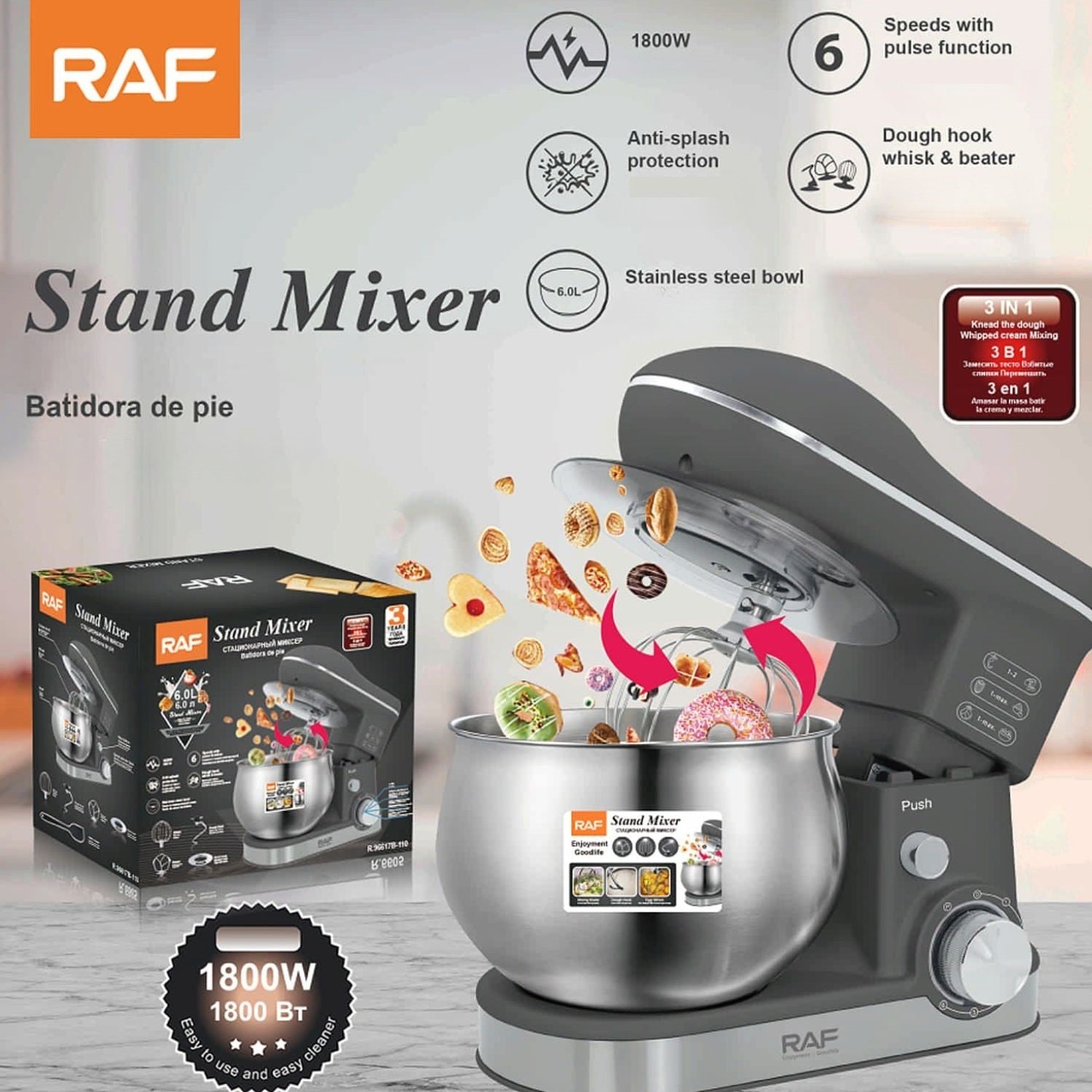 Batidora de Pie 6L 1800W 110V/60Hz 6 Velocidades con Bowl Función Pulso Incluye accesorios. Mezcladora