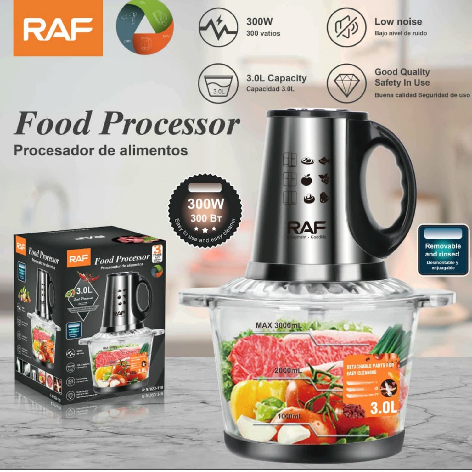 Procesador de Alimentos 300W con Bowl de Vidrio 3L, Bajo Ruido 110V/60 Hz. Mezclador de Alimentos