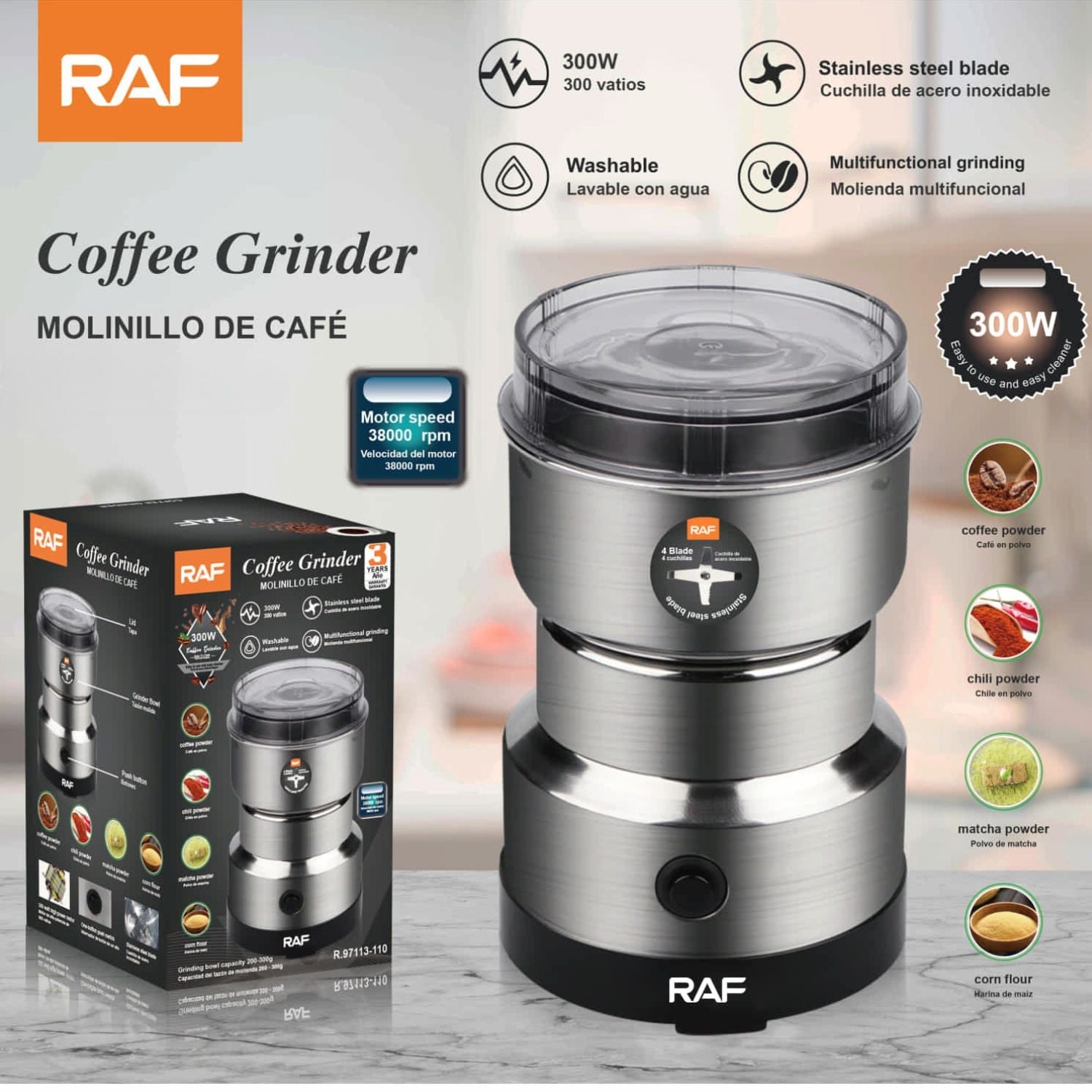 Molinillo de Café 300W con 8 Cuchillas Inoxidables y Motor 38000rpm 110V/60 Hz. Molienda.