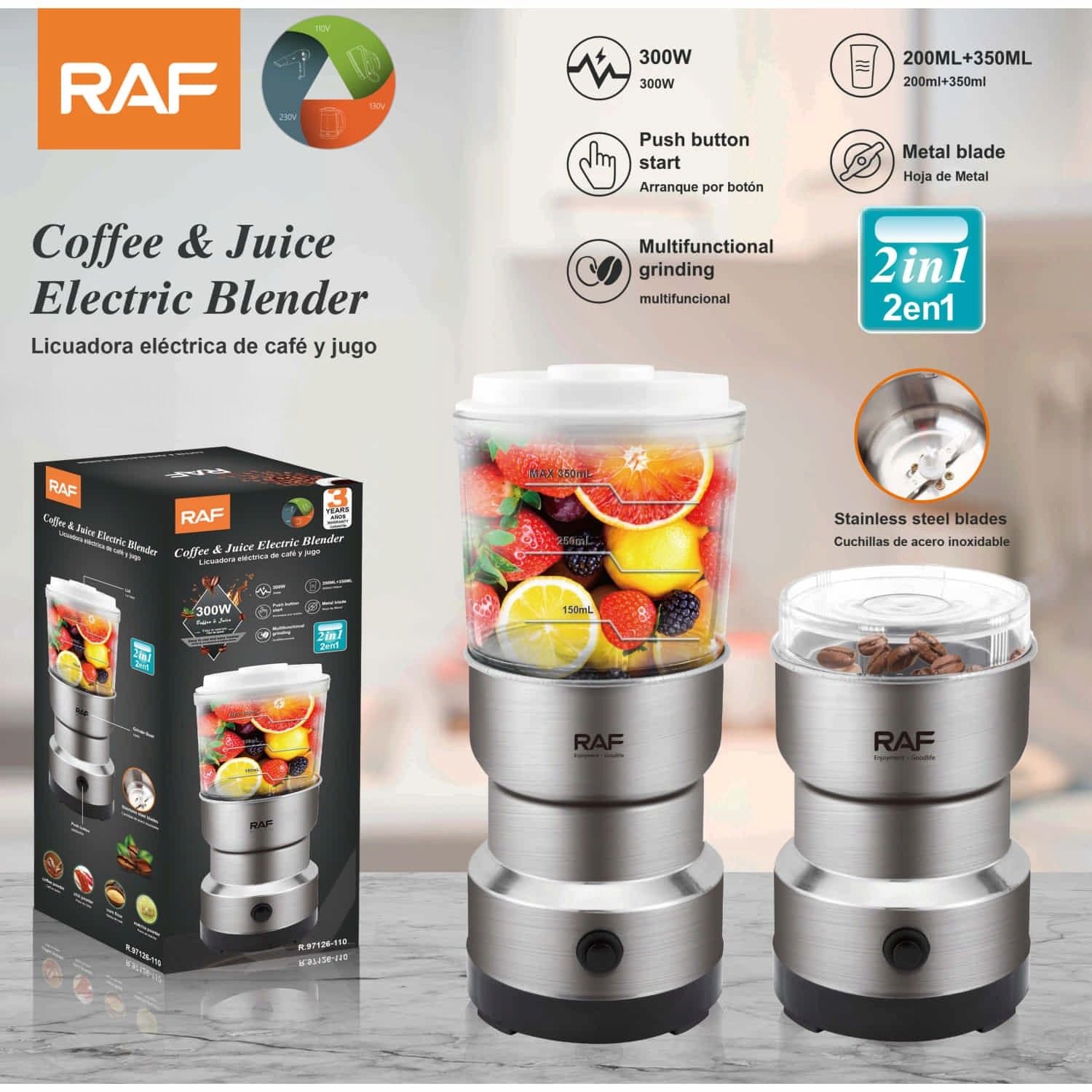 Licuadora de zumo 2 en 1 300W Inoxidable y Molinillo Eléctrico para especias y café 110V/60 Hz. Blender Grinder