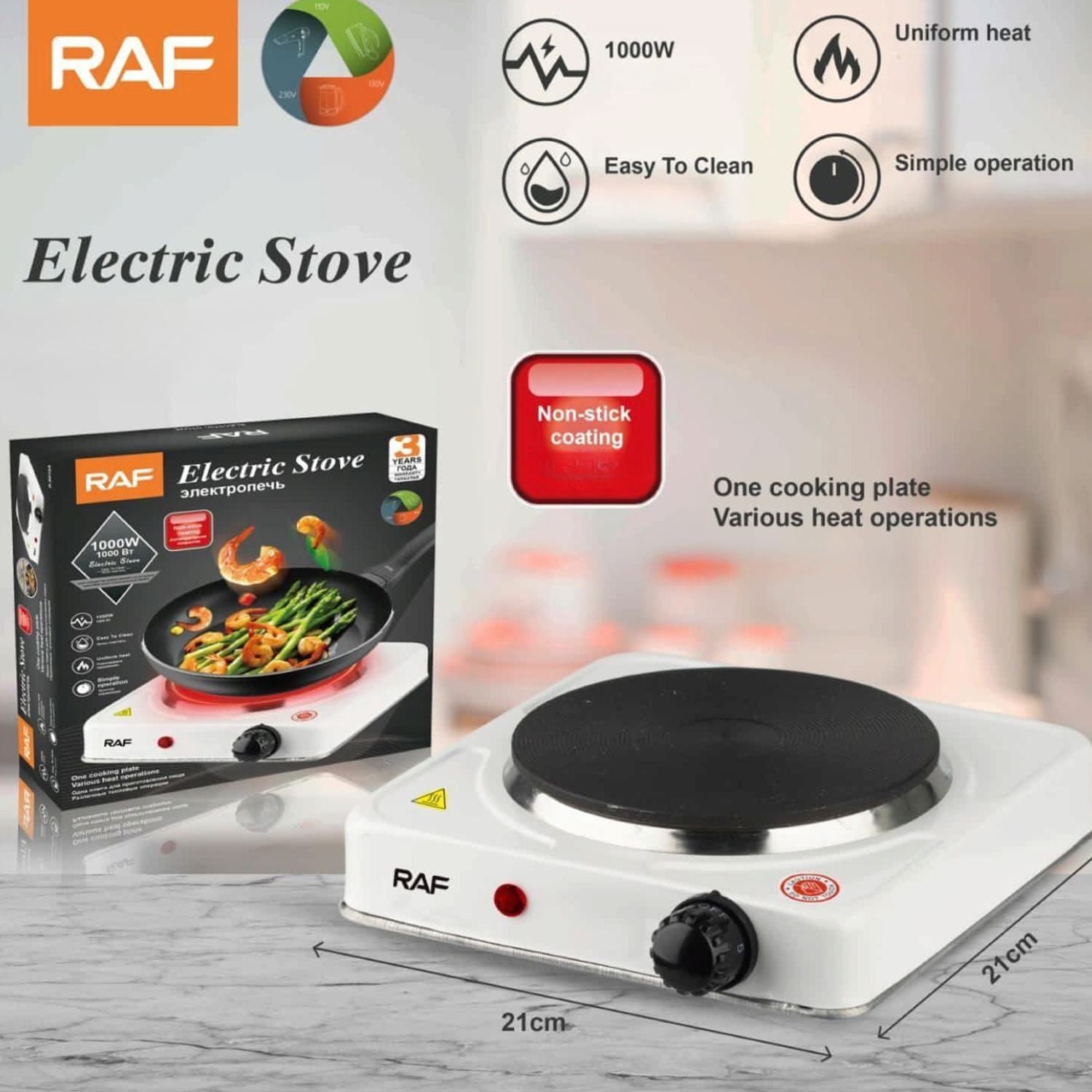 Estufa Eléctrica Portátil Individual 1000W 110V 60Hz Antiadherente y Calor Uniforme. Cocina Eléctrica