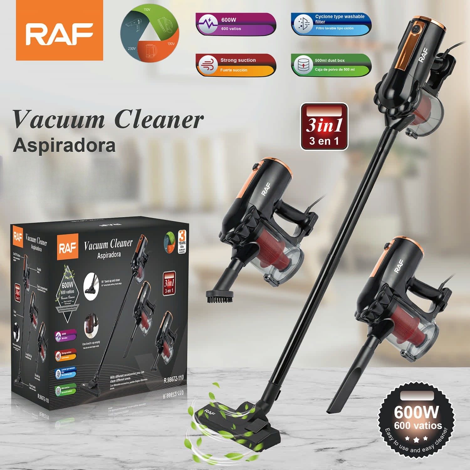 Aspiradora 3 en 1 600W con Filtro Lavable Ciclónico y Caja de Polvo 500ml 110V/60 Hz
