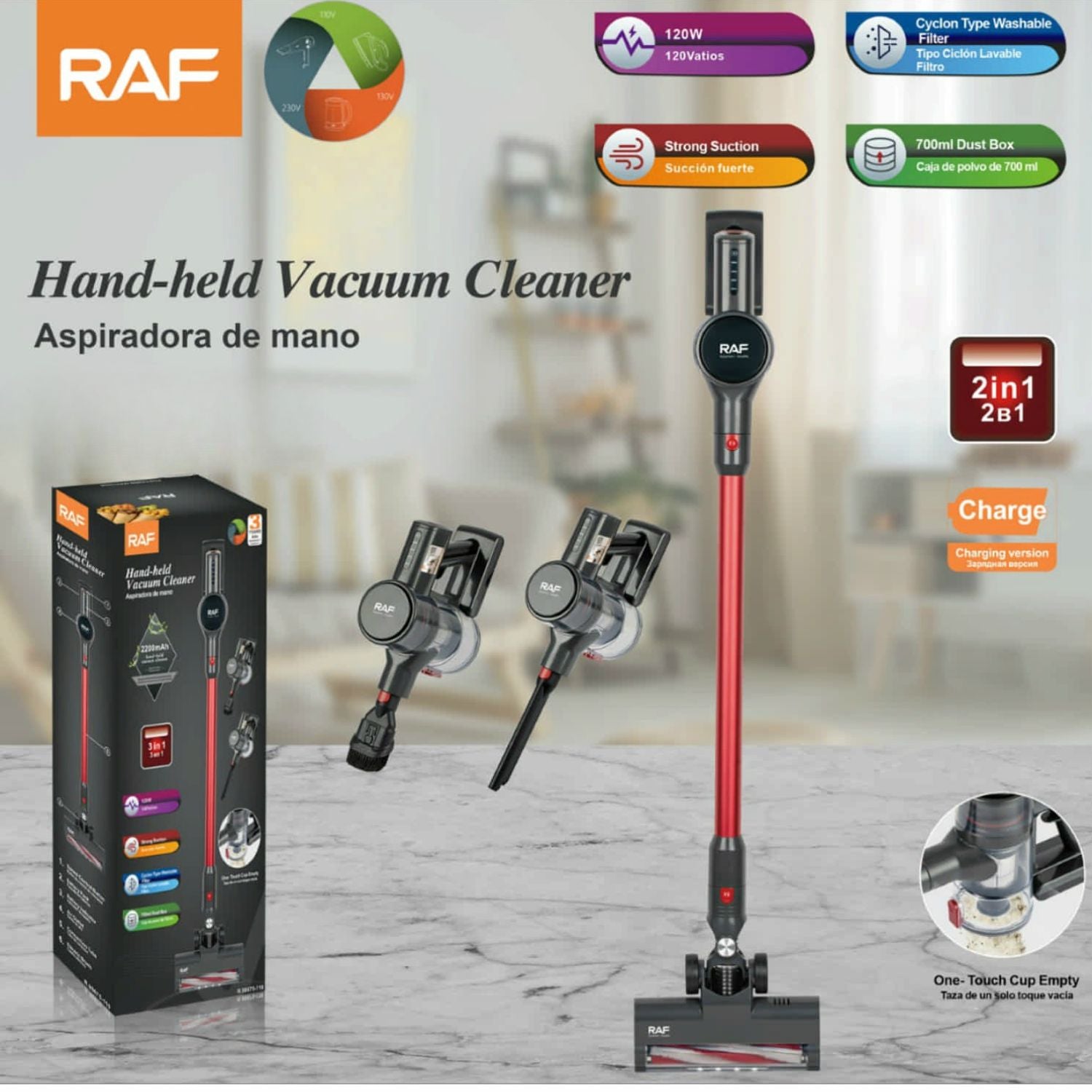 Aspiradora de Mano inalámbrica 2 en 1 120W con Filtro Lavable y Caja de Polvo 700ml 110V/60 Hz.