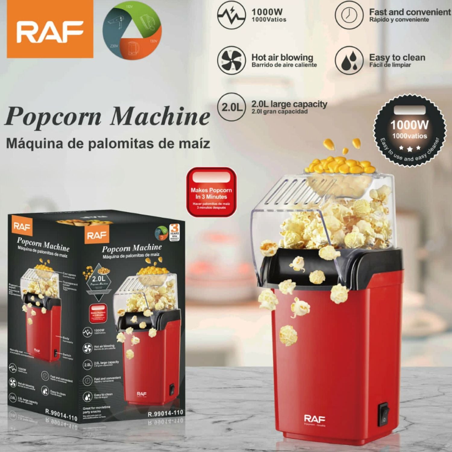 Máquina De Popcorn Hot Air 1000W 2L 110V Listas en 3 Minutos. Millo. Cotufa. Palomitas de Maiz.