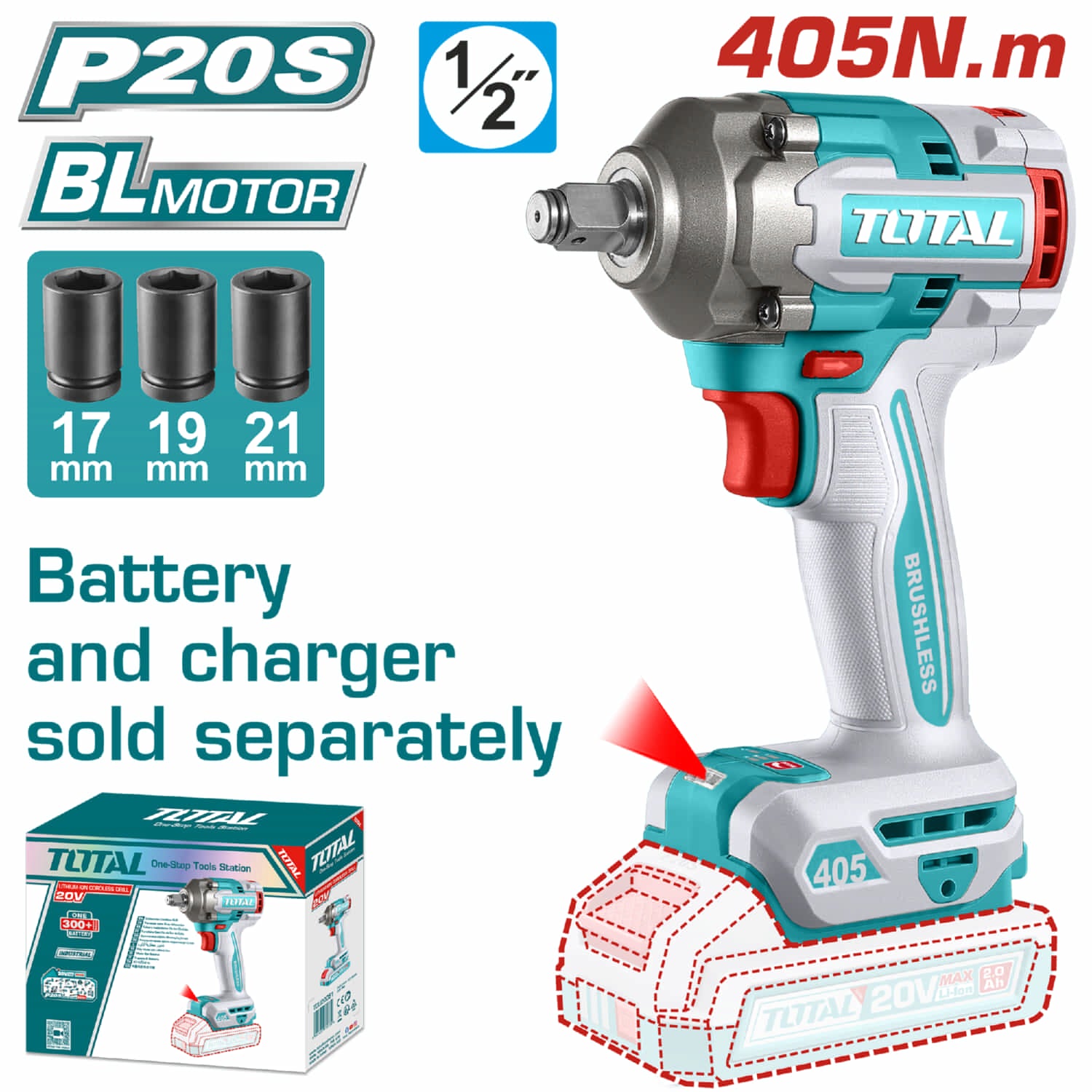Llave Impacto Dado Cuadrado 1/2" 20V 405Nm Motor sin escobillas. Batería y Cargador por separado.