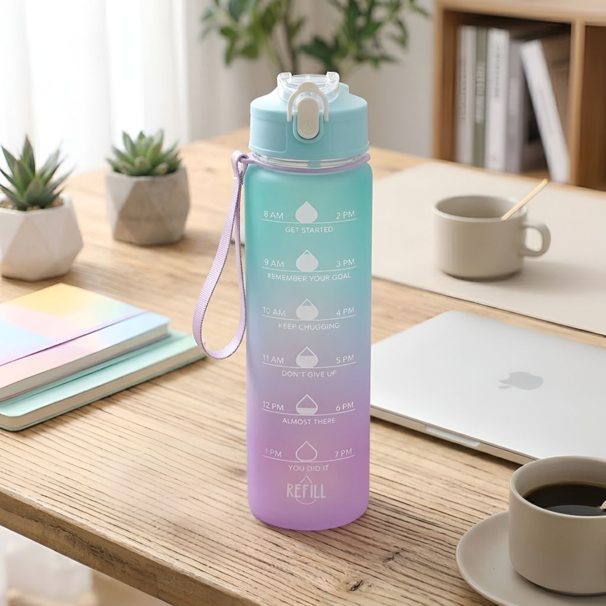 Botella De Agua Plástica 700ml. Termo Con Marcador De Tiempo Y Tapa Segura. Diseño degradado color verde con morado.