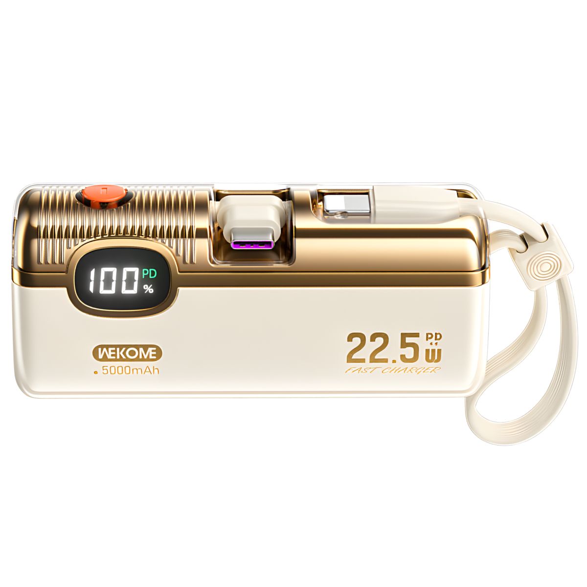 Power Bank 5000mAh 22.5W Con Pantalla Digital. Carga Rápida PD. Batería Portátil Con Cable Integrado Tipo C y Lightning. Color beige.