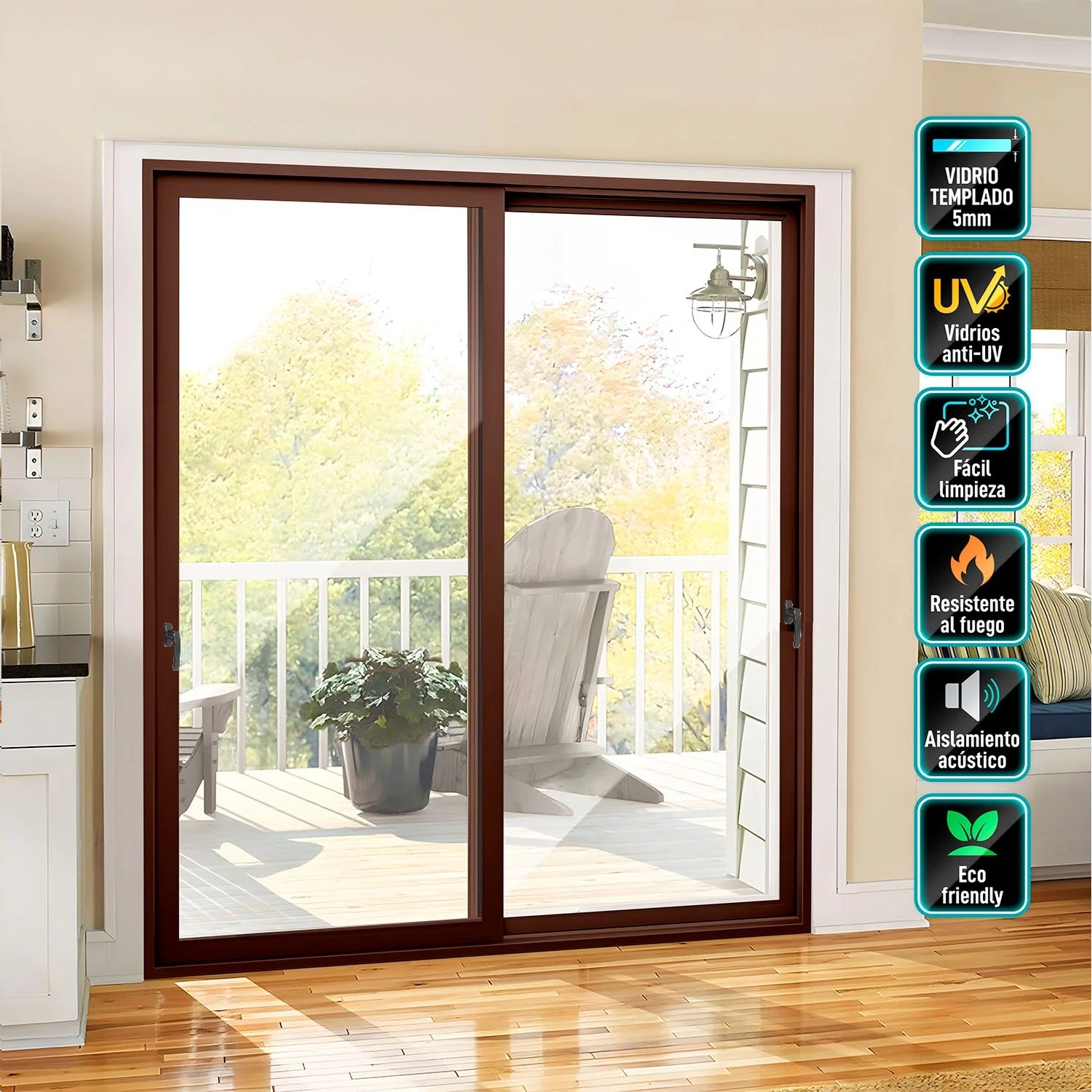 Puerta Ventana Corredera UPVC Marrón 180x220cm Reforzada Anti UV con Vidrio de seguridad Templado 5mm (5 años de Garantía) No Incluye malla mosquitera