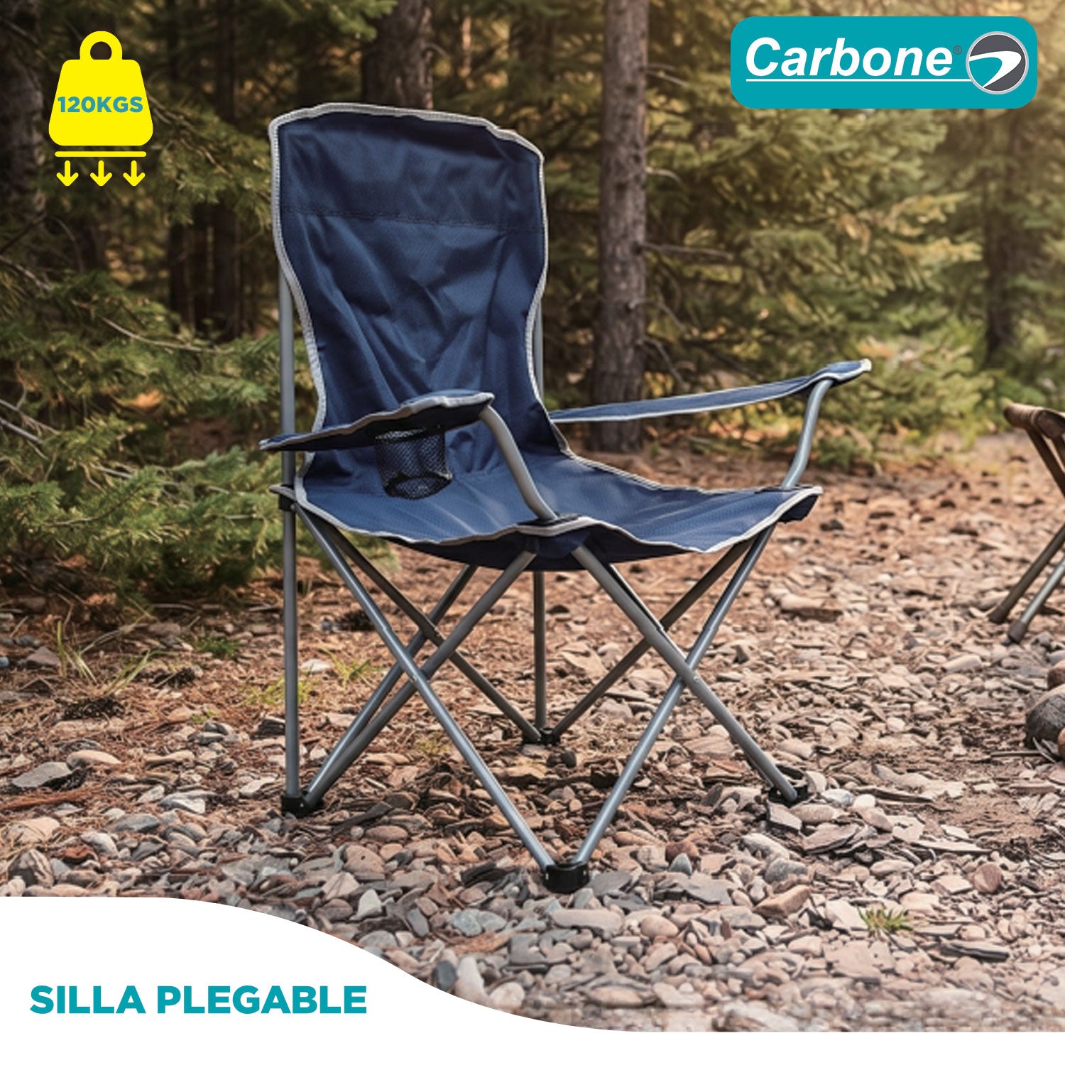 Silla plegable color azul de 50cm x 50cm x 80cm con portavasos