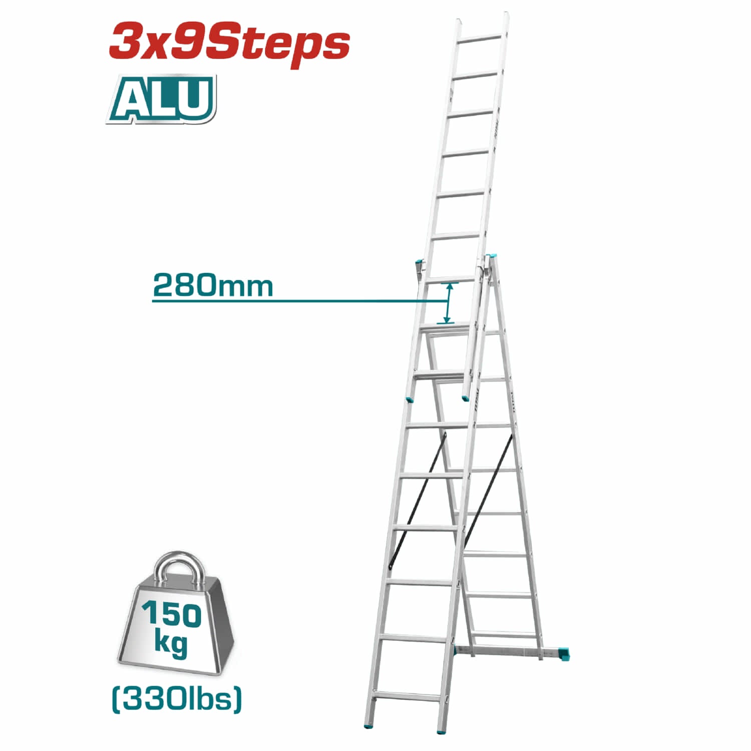 Escalera de Tijera Extensible desde 10 a 20 pies altura 3x9 peldaños. Resistencia 150 kg (330 lbs)