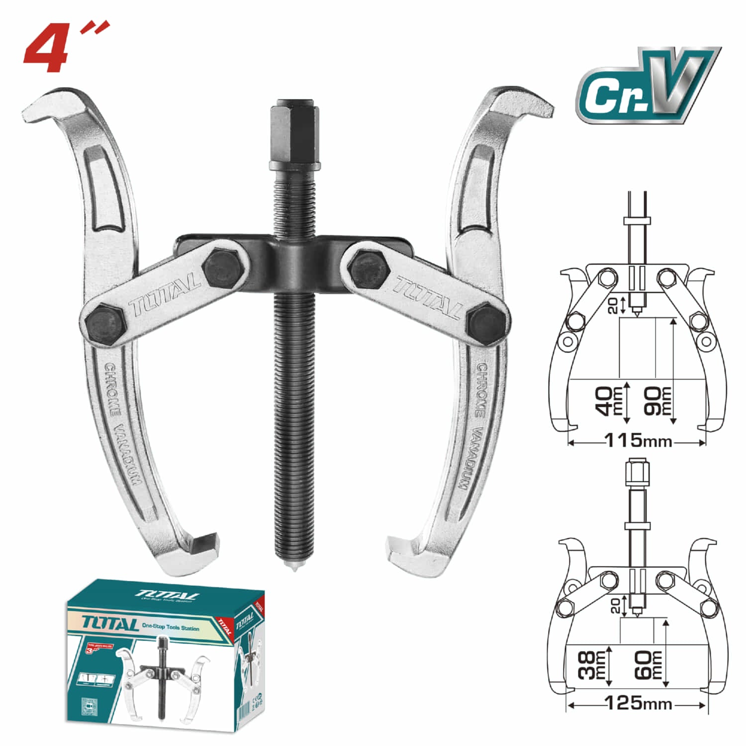 Extractor de 2 mandibulas de 4". Maxima Fuerza 3000 kg Cr-v, Tratamiento termico.