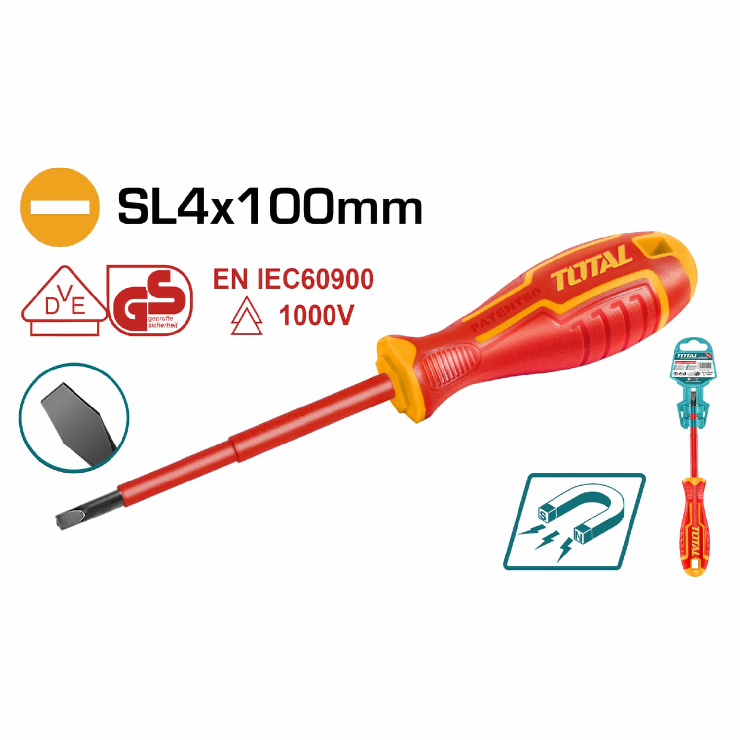 Destornillador insulado de paleta 4.0 mm. Largo 100 mm. Cr-V. 1000volts. Certificado VDE