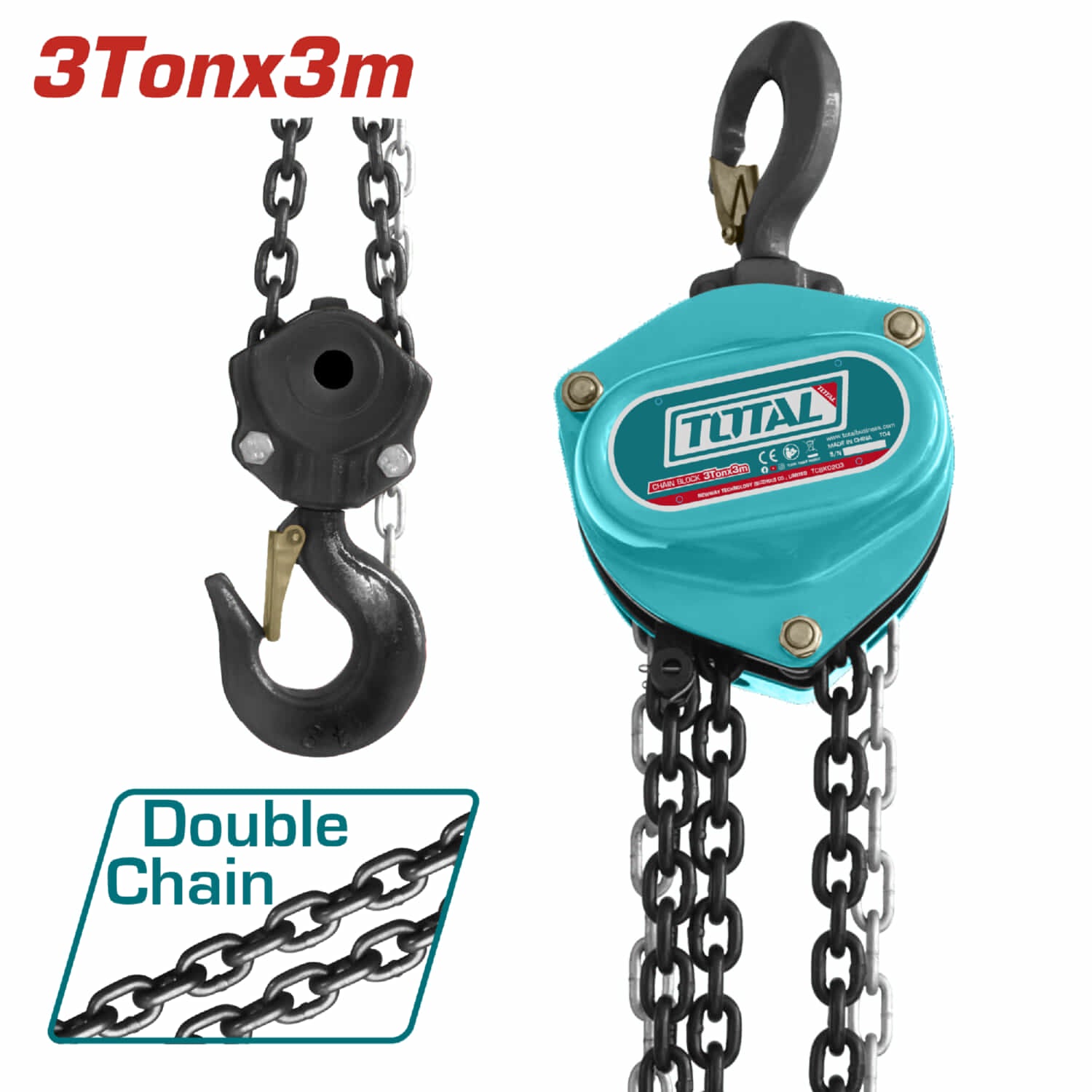 Tecle de cadena 3 ton. Altura máx. 3m. de doble cadena. Con gancho de 562mm. Peso de carga 385N.