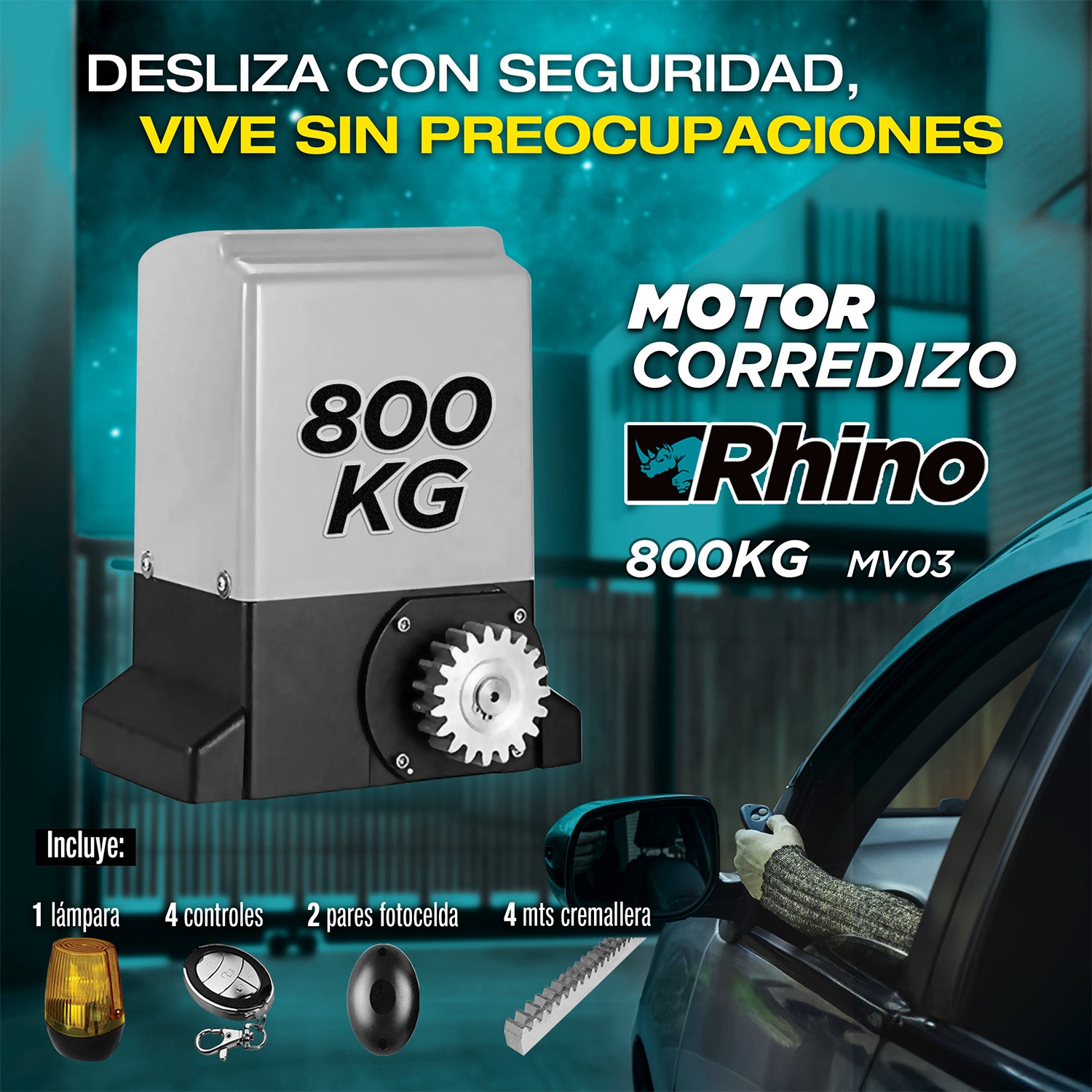 Motor corredizo Rhyno 800Kg.110V/60htz.4 controles, 4 mts cremallera, 2 pares fotocelda 1 lampara c